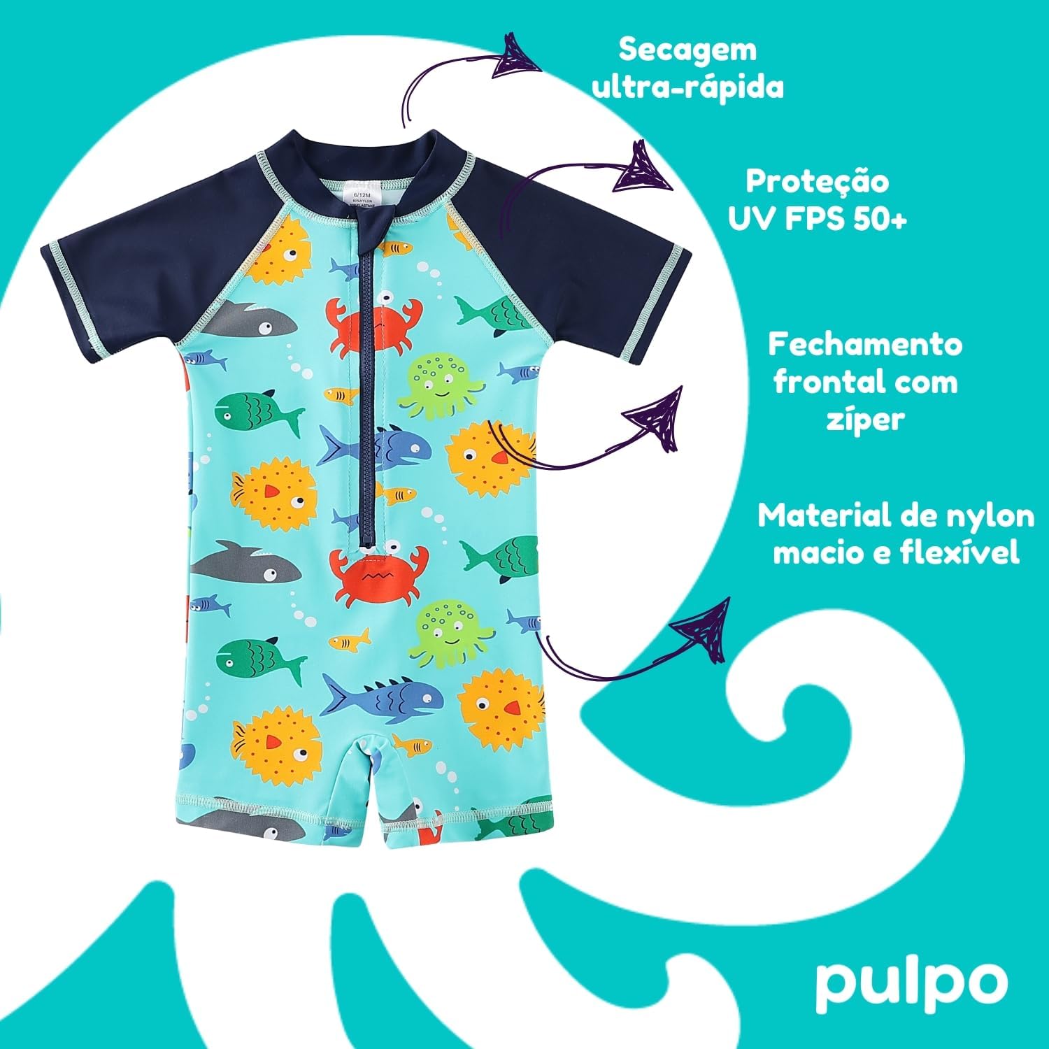 Pulpo Macacão de Piscina para Bebê Menino em Nylon, Proteção UV50+, by Acqua di Mare Pulpo Macacão de Piscina para Bebê Menino em Nylon, Proteção UV50+, by Acqua di Mare
