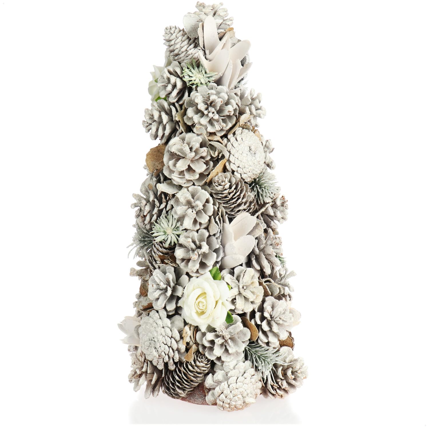 com-four® Árbol de Navidad Decorativo - Árbol Decorativo con Conos y Rosas de Tela - Gran decoración de Mesa Ideal para la época de Adviento (40cm con Rosas Blancas)