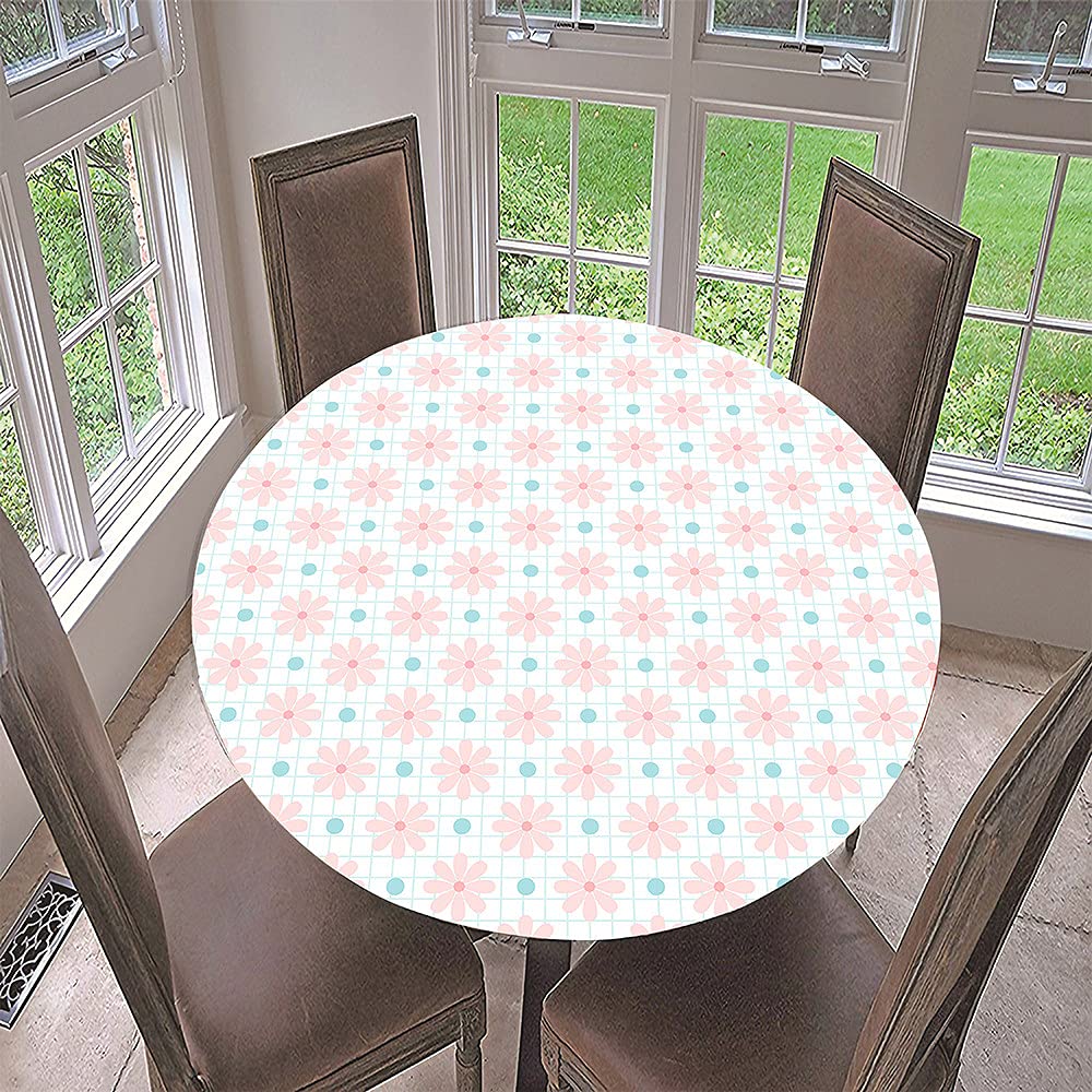 Fansu Polka Flower Round Tablecloth Waterproof Wipe Clean, 3D Floral Printing Polyester Circular Tablecloths Fitted Elastic Edged, Stain Resistant Table Cover (,Diameter 90Cm)