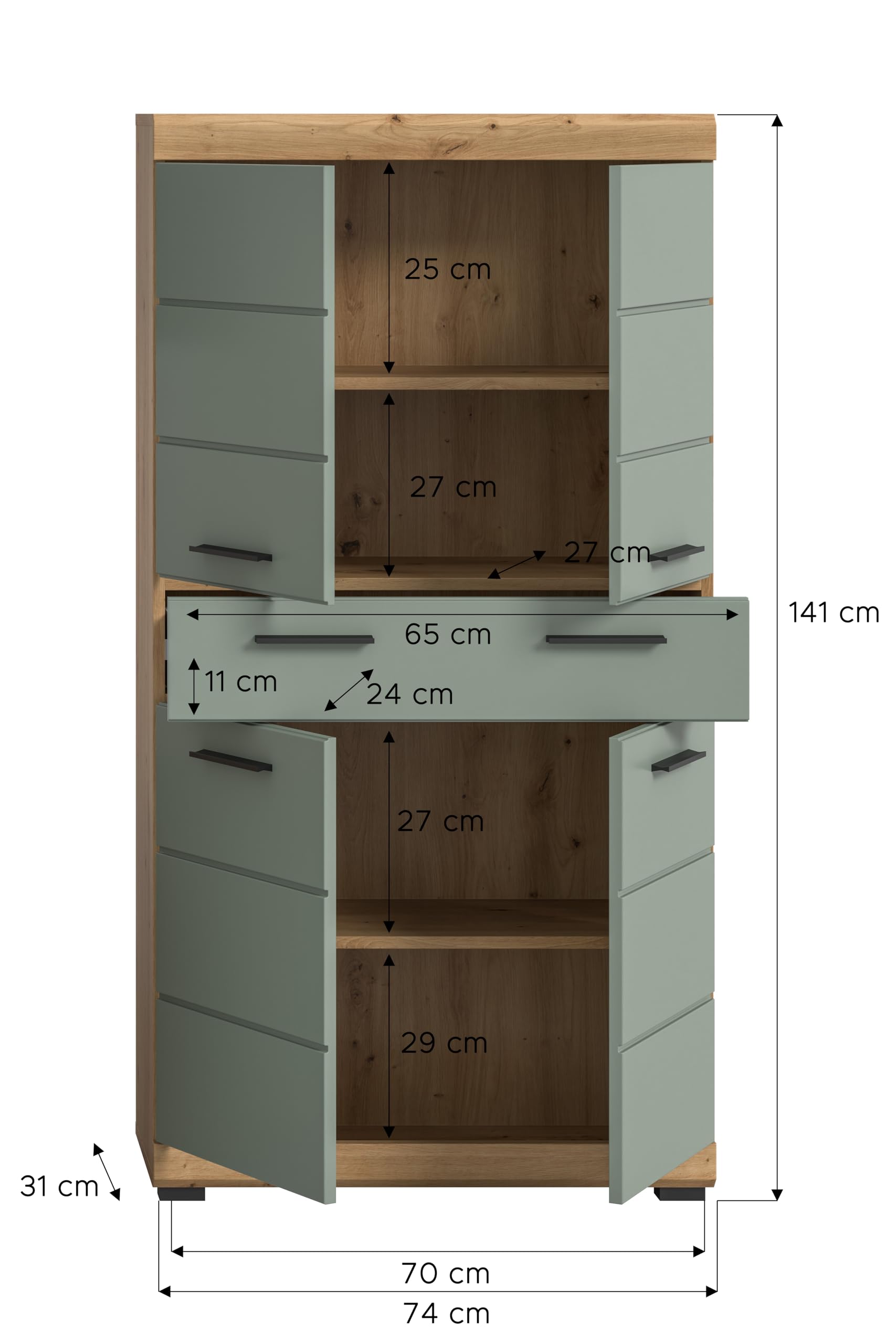 xonox.home - Badmidischrank Scout 74x141x31 cm in Artisan Eiche und Salbei - Badmöbel Badset Badezimmerkombination - Pflegeleichte Oberfläche hochwertig verarbeitet – Bild 4