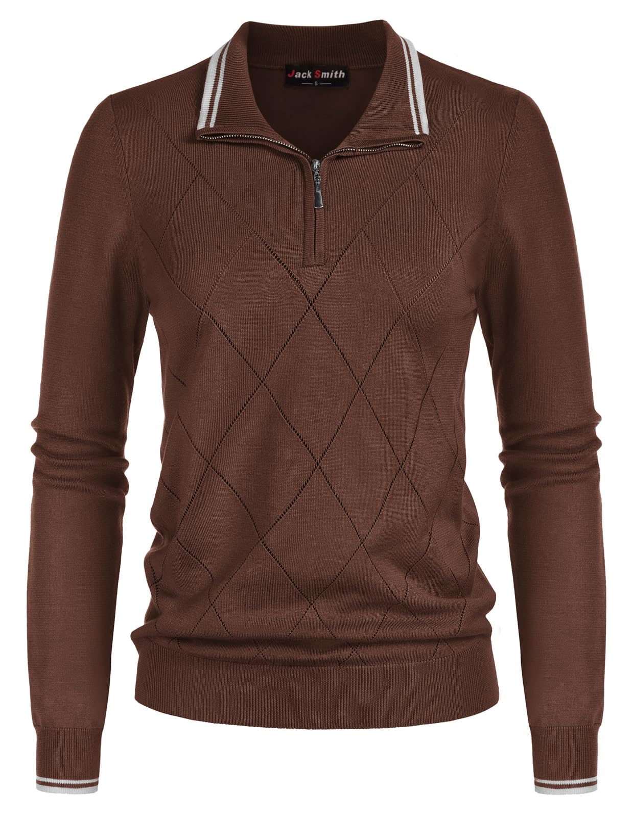JACK SMITH Pullover Sweaters for Women Long Sleeve Argyle Quarter Zipper Collar Polo Sweater Ribbed Knit Golf Tops
