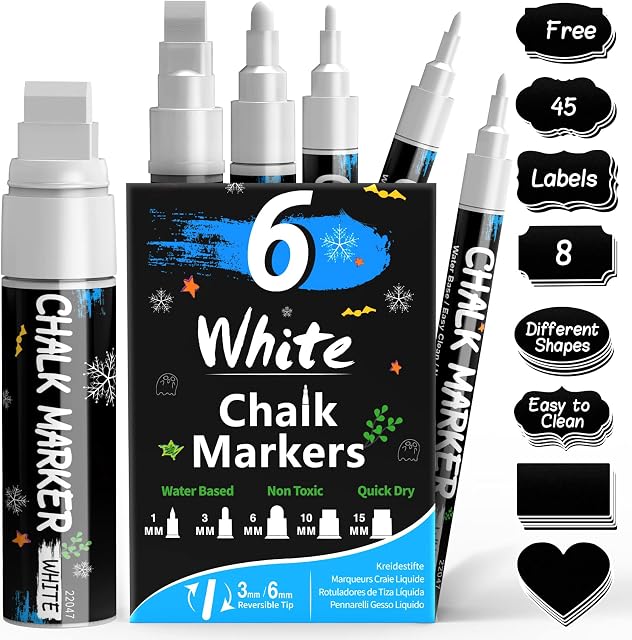 APOGO White Chalk Pens,Liquid Chalk Pens for Blackboards, Chalkboard,Window, Glass, Jars,Signs,Chalk Markers with 45 Blackboard labels,Pack of 6 Chalkboard Pens-Wet Wipe Erase-(1mm,3mm,6mm,10mm &15mm)