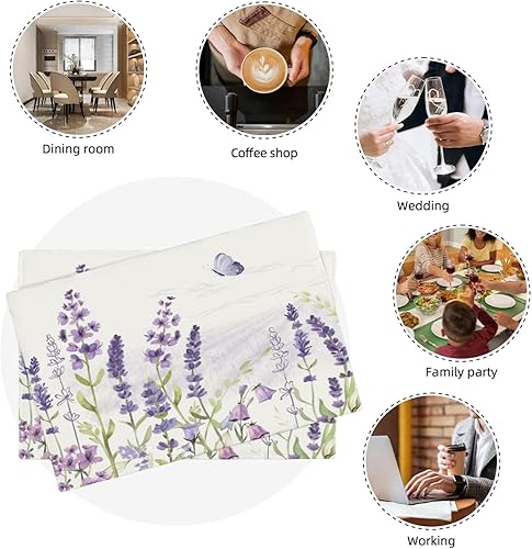 Miniatura 6 de Juego de 4 manteles individuales de primavera con diseño de flores, mariposas, naturales, antideslizantes, resistentes al calor, de algodón y lino,