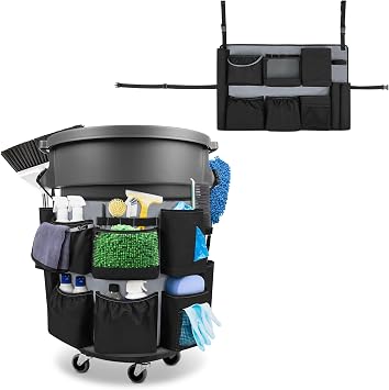 HODRANT 32-55 Gallon Trash Can Caddy Bag, Garbage Bin Apron Caddy with Multiple Pockets for Cleaning Supplies, Cleaning Tool Organizer with Adjustable Buckle for Janitorial Trash Can, Black+Gray