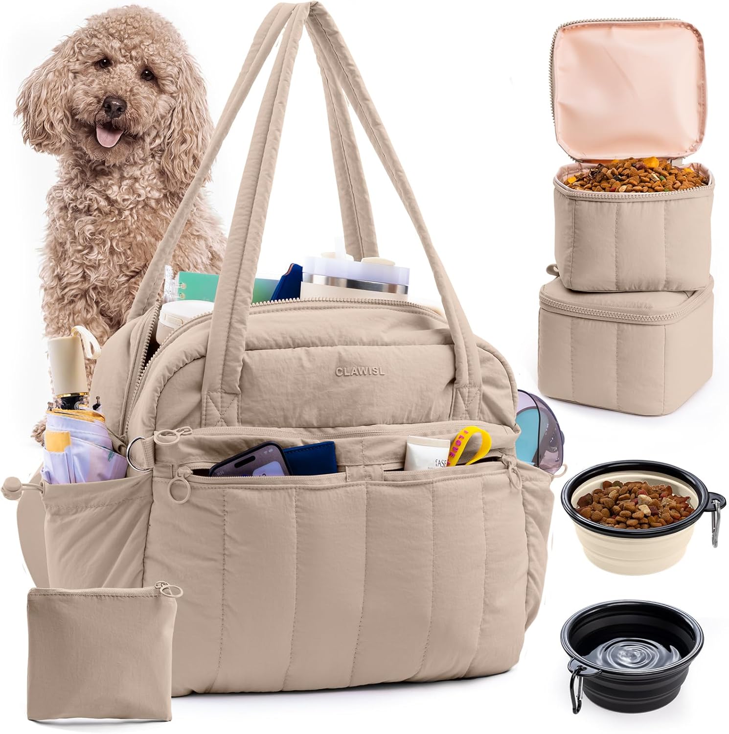 Dog Travel Bag for Supplies, Airline Approved Pet Travel Organizer with 2 Food Containers & Collapsible Bowls, Large Capacity Dogs Tote Bag for Weekend, Stylish Dog Mom Gift for Pet Lovers