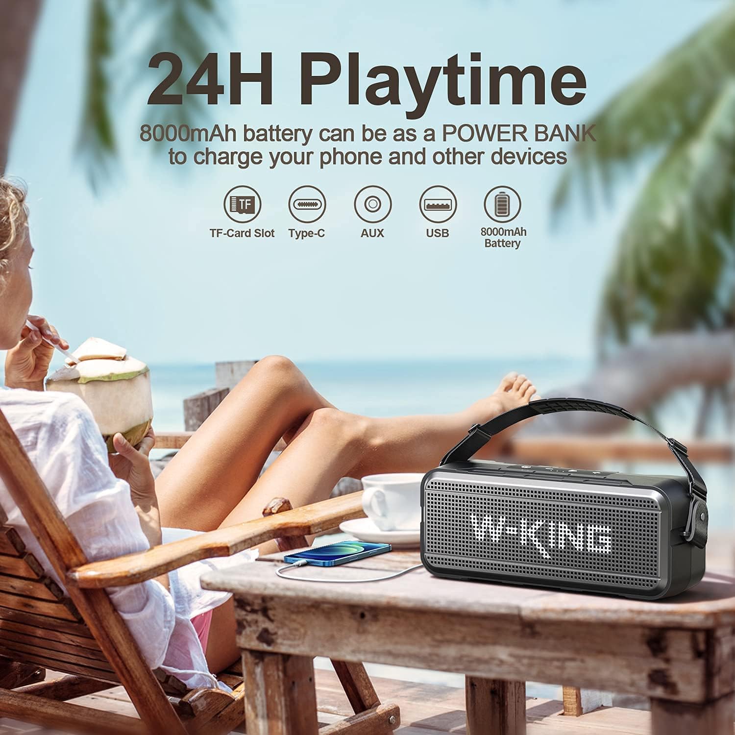 W-KING 60W Loud Bluetooth Speaker, IPX6 Waterproof Outdoor Bluetooth Speaker with 8000mAh Power Bank, Deep Bass Portable Speaker Support 24H Playtime, 5.0 Bluetooth, EQ, AUX, TF Card