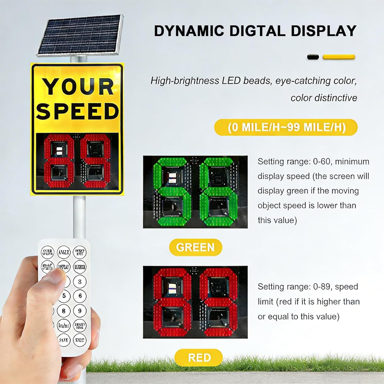 Señal de velocidad con radar alimentado por energía solar: pantalla LED de límite de velocidad de 24x35, detector de aluminio con control remoto para una mayor seguridad vial.