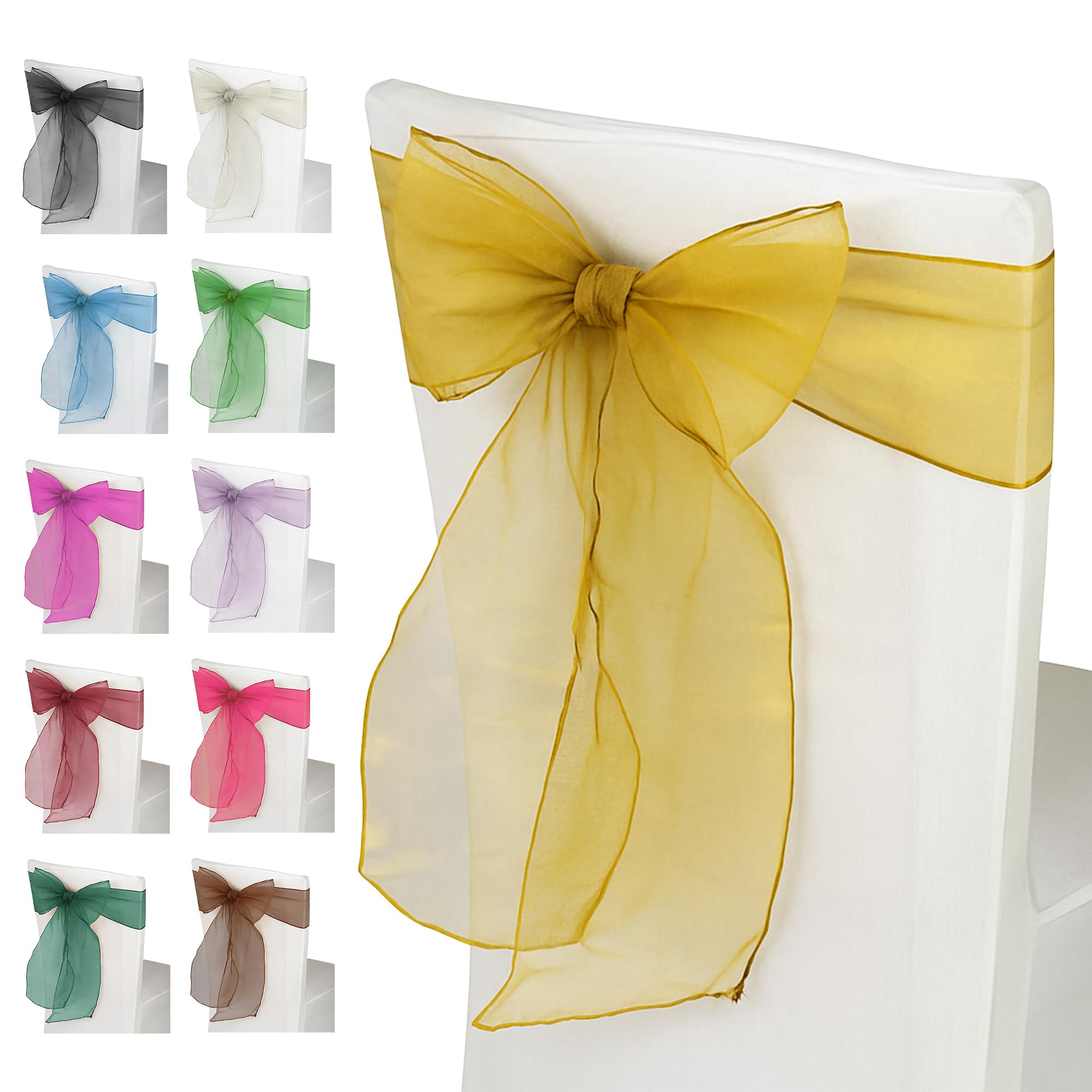 Trimming Shop Organza Chair Sashes - Bright Gold - Sheer Sash Ties, 17x280cm Wider Sash Fuller Bow Chair Cover Sashes for Wedding Chairs, Proms, Dining Table Styling & Event Decorations, 50pcs — image 1