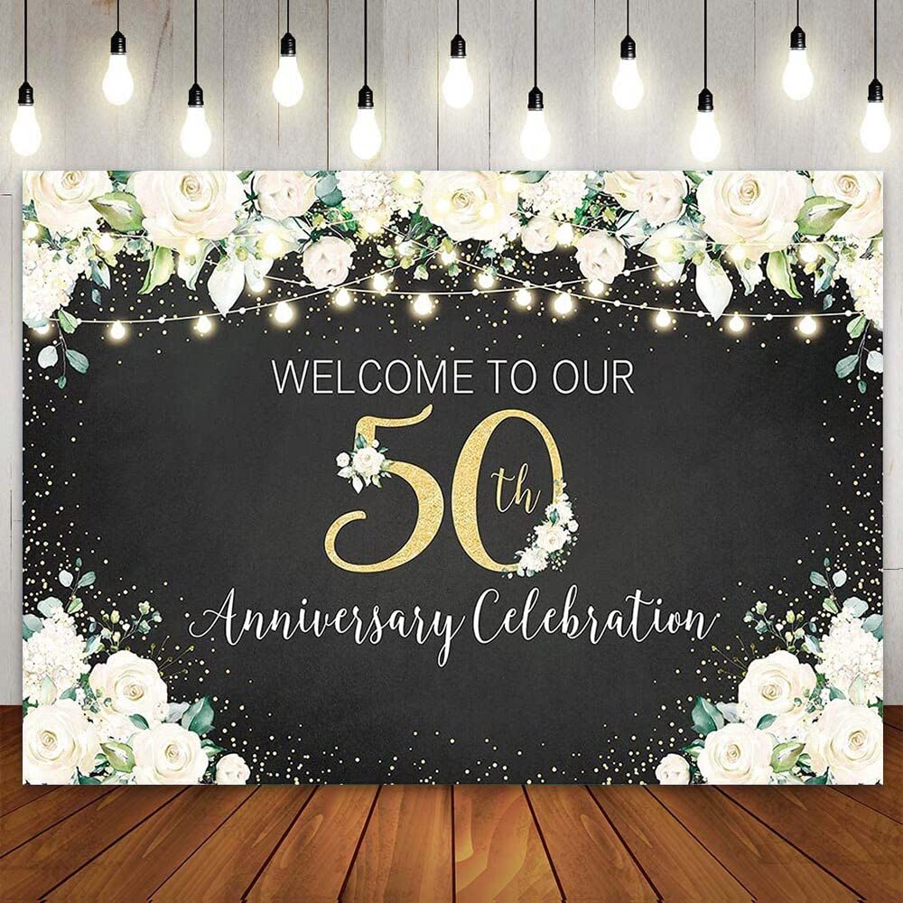 Happy Birthday tło baner po Booth kwiatowy dla dziewcząt kobiet 50. pografia pięćdziesiąt lat kwiaty łańcuch świetlny
