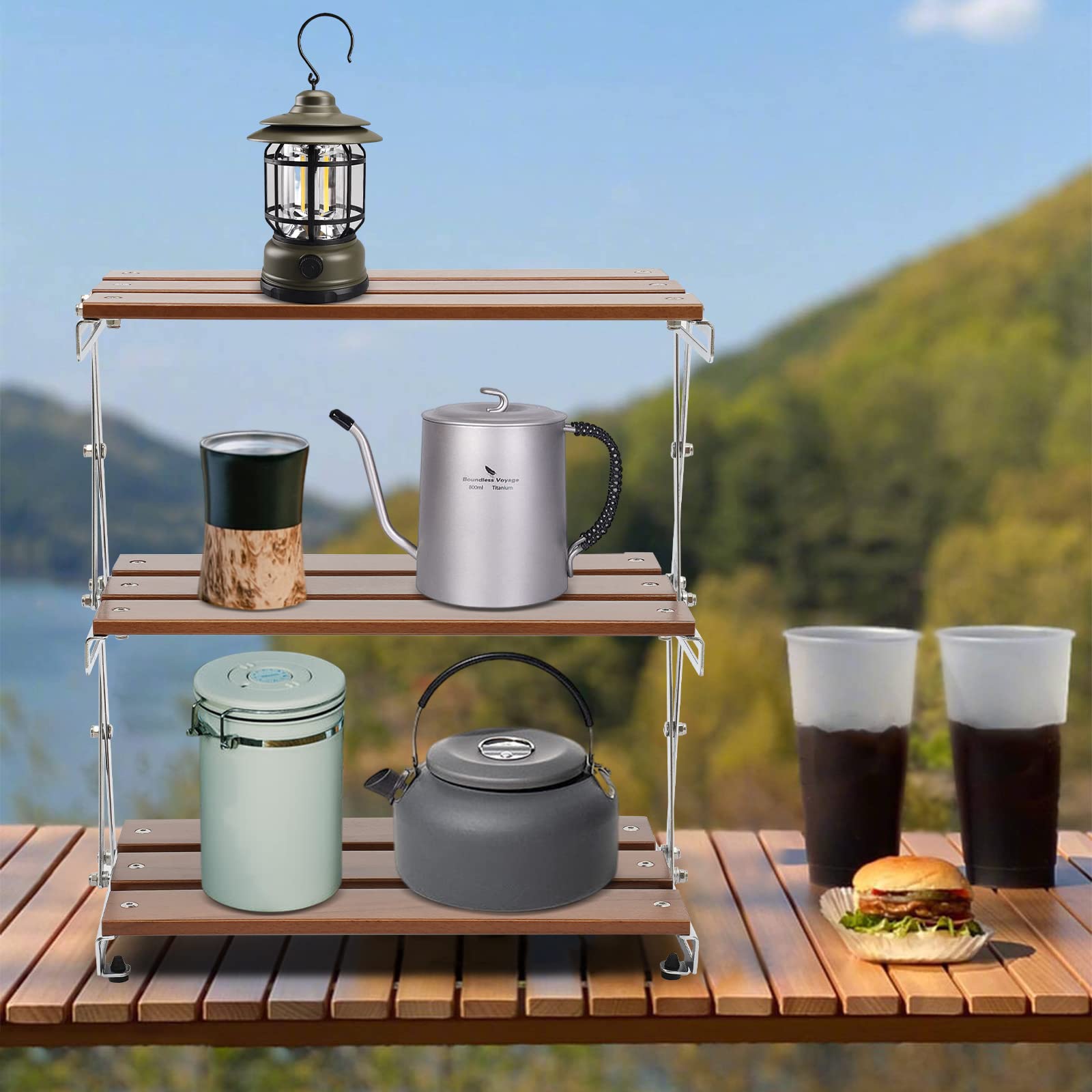 AHULIN Camping Folding Storage Rack 3-Tier Natural Wood Desktop organizing Rack Multi-Function Indoor Outdoor Household Storage Shelf