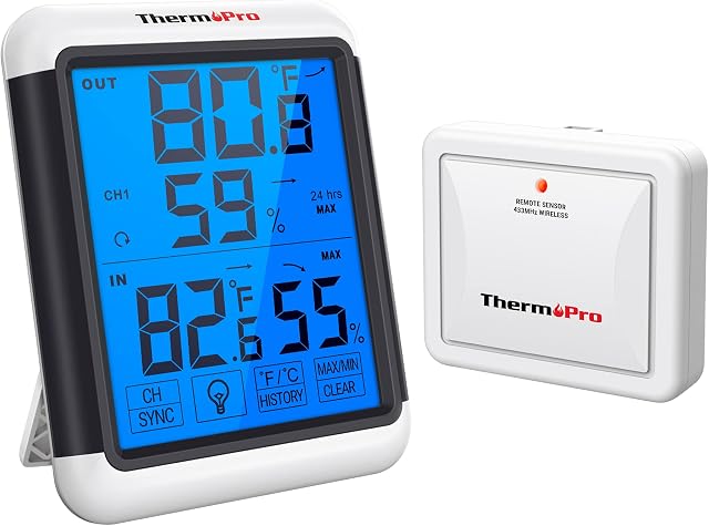 ThermoPro TP65 Digital Wireless Hygrometer Indoor Outdoor Thermometer Wireless Temperature and Humidity Monitor with Touchscreen Backlight Weather Station, 200 Feet or 60 Meter Range