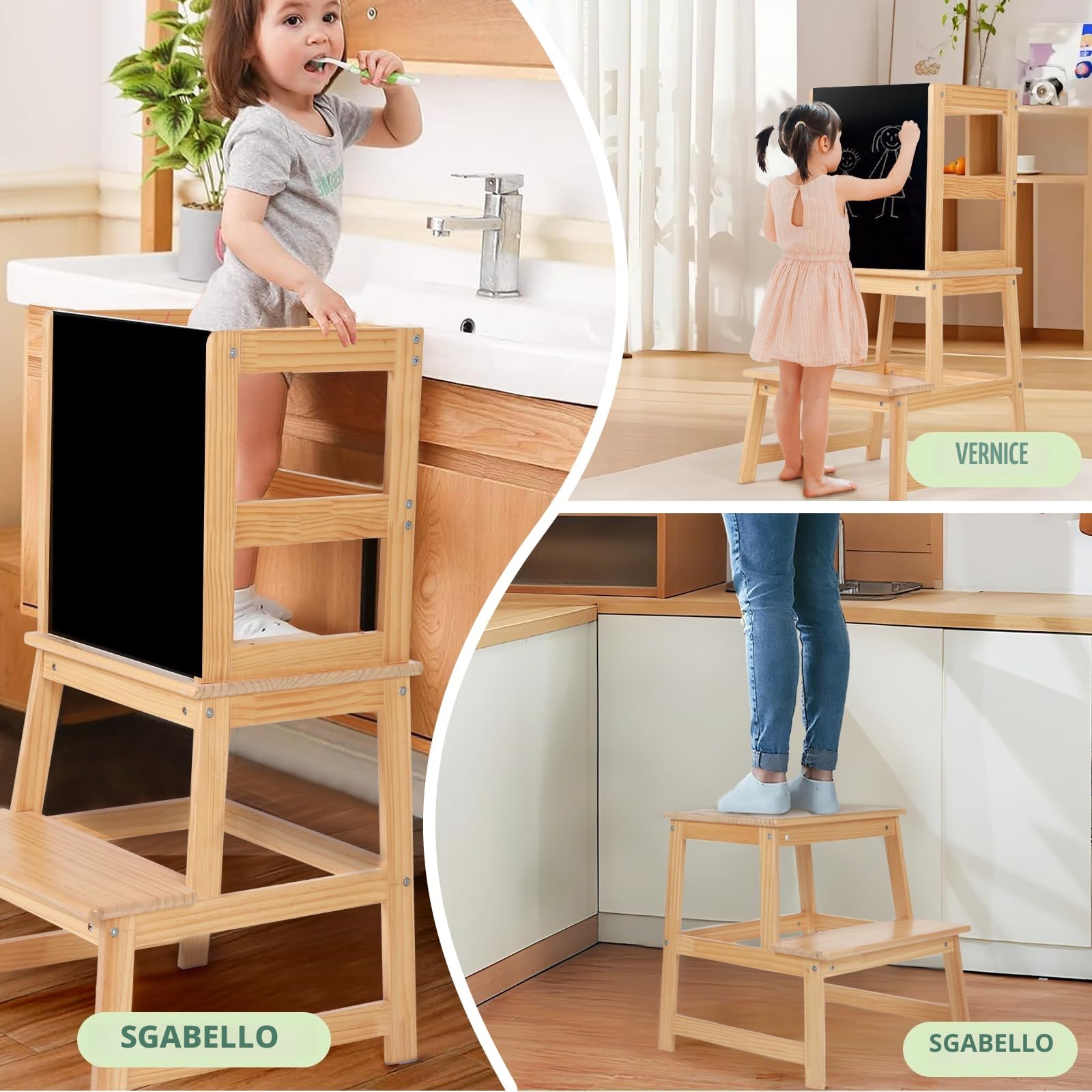 Torre Montessoriana per Bambini con Lavagna e Sbarra di Sicurezza, Sgabello Estraibile per Adulti, Naturale
