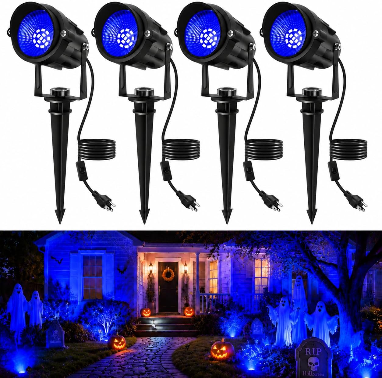 Blue Landscape Lights Outdoor, 14 LED Landscape Lighting with US Plug, IP65 Waterproof Spotlights for Tree Yard Garden Pathway Halloween Christmas Decor 4 Pack