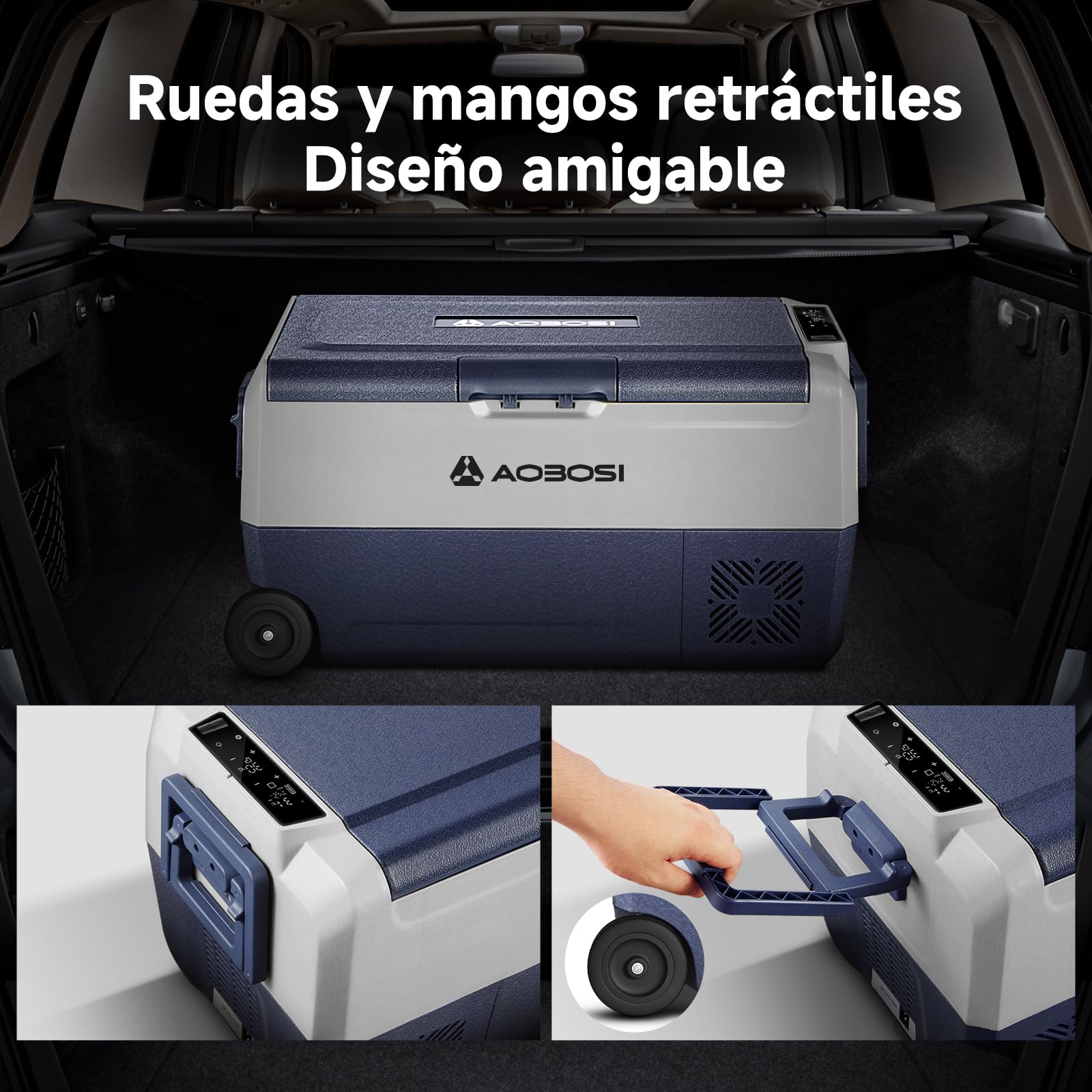AAOBOSI 36l Nevera Portatil con Ruedas, Nevera Compresor Doble Zona con APP y Puerto USB, Nevera Camping 20 °C a -20 °C, 12/24V DC,100-240V AC, para Hogar, Camping, Viajes, Coche, Barco y Autocaravana