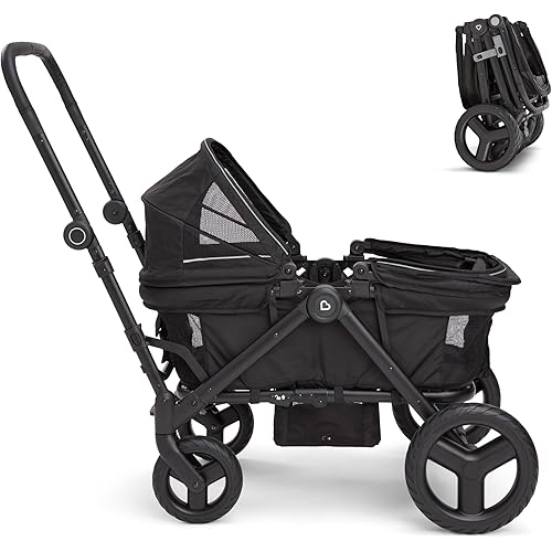 Munchkin Collapsible Wagon for Kids, Foldable, Ultra-Compact and Lightweight Stroller Wagon, All-Terrain Wheels, Adjustable Sun Canopy - Holds Up to 2 Passengers, Black