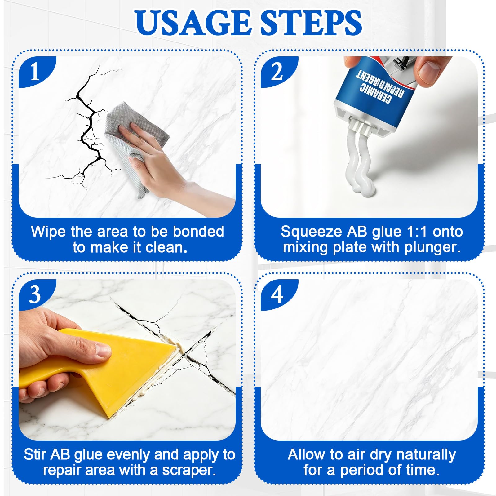 Juego de Reparación de Esmalte 50 ml,Kit Reparacion Baldosas, Adecuado para Grietas, Agujeros y Arañazos en Azulejos, Lavabos, Bañeras y Mármol