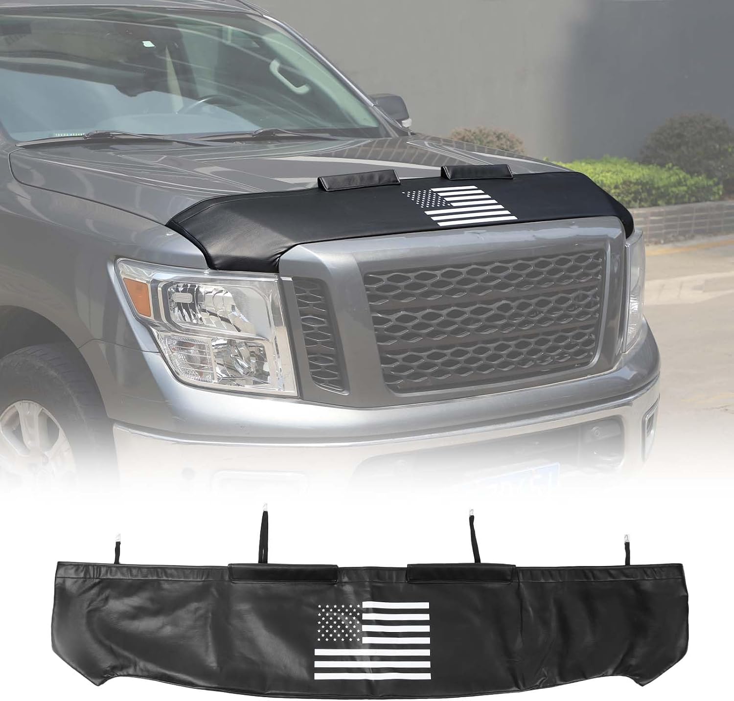 Front Hood Shields Cover Compatible with Nissan Titan 2016-2023, Car Hood Protector Bra Leather Front Hood Half Cover Protector Accessories, American Flag Pattern