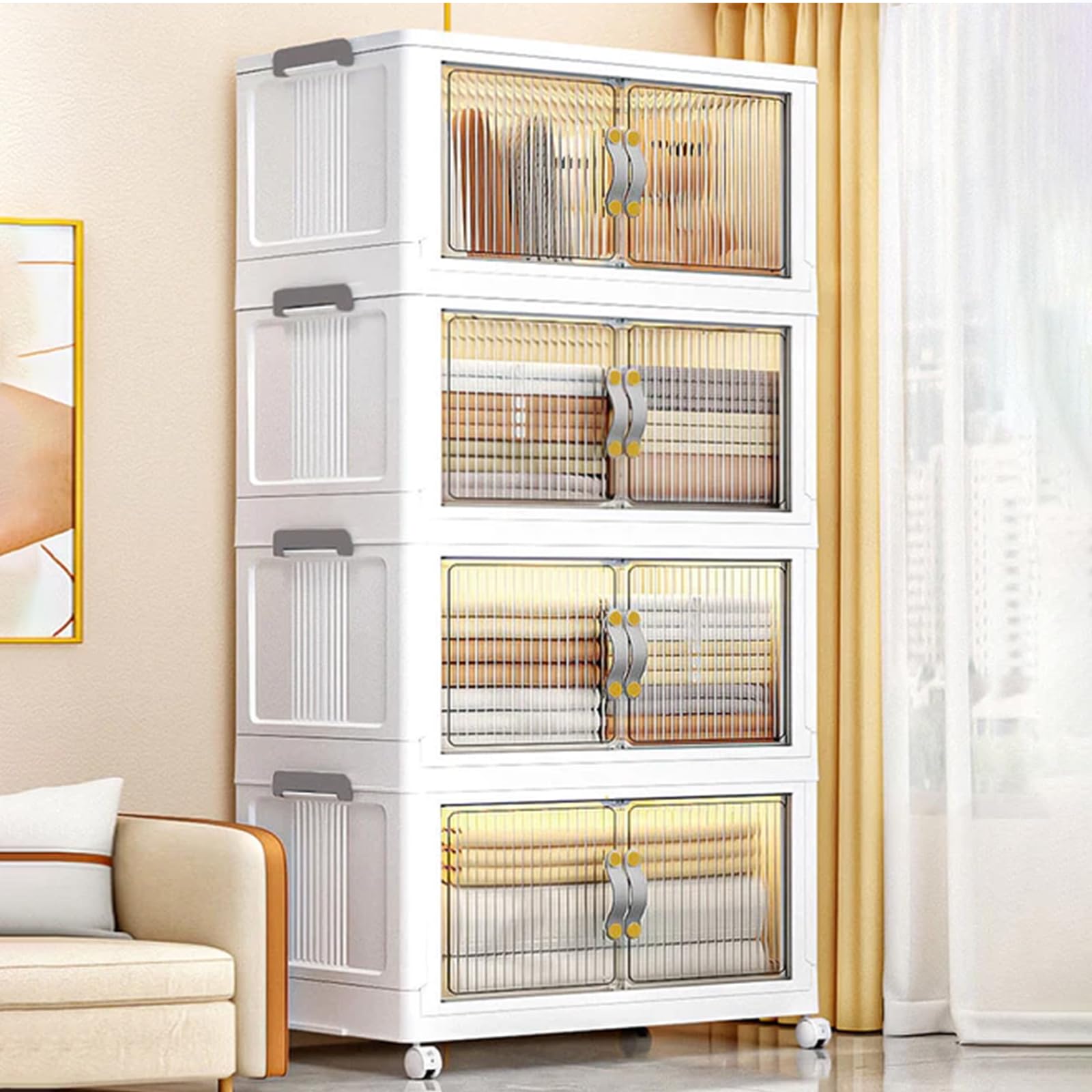 JOYBOS 4 Packs Stackable Storage Bins with Lids and Wheels32 Gal Plastic Storage Bins