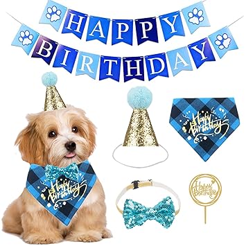 ADOGGYGO Dog Birthday Bandana Boy - Birthday Party Supplies - Birthday Hat Scarf Collar Happy Birthday Banner Cake Topper Dog Boy Birthday Outfit for Pet Puppy Cat (Blue hat&Scarf&Collar&Banner)