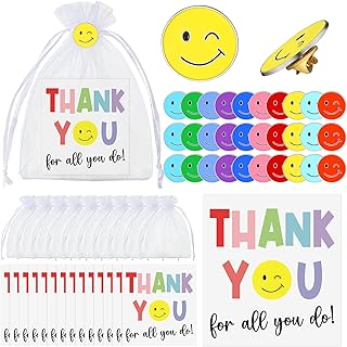 60 Sets Thank You Gifts Bulk, Smile Face Lapel Pins, Employee of The Month Enamel Pins with Thank You Cards and Organza Bags for Team Teacher Coworker Staff (Multicolor)