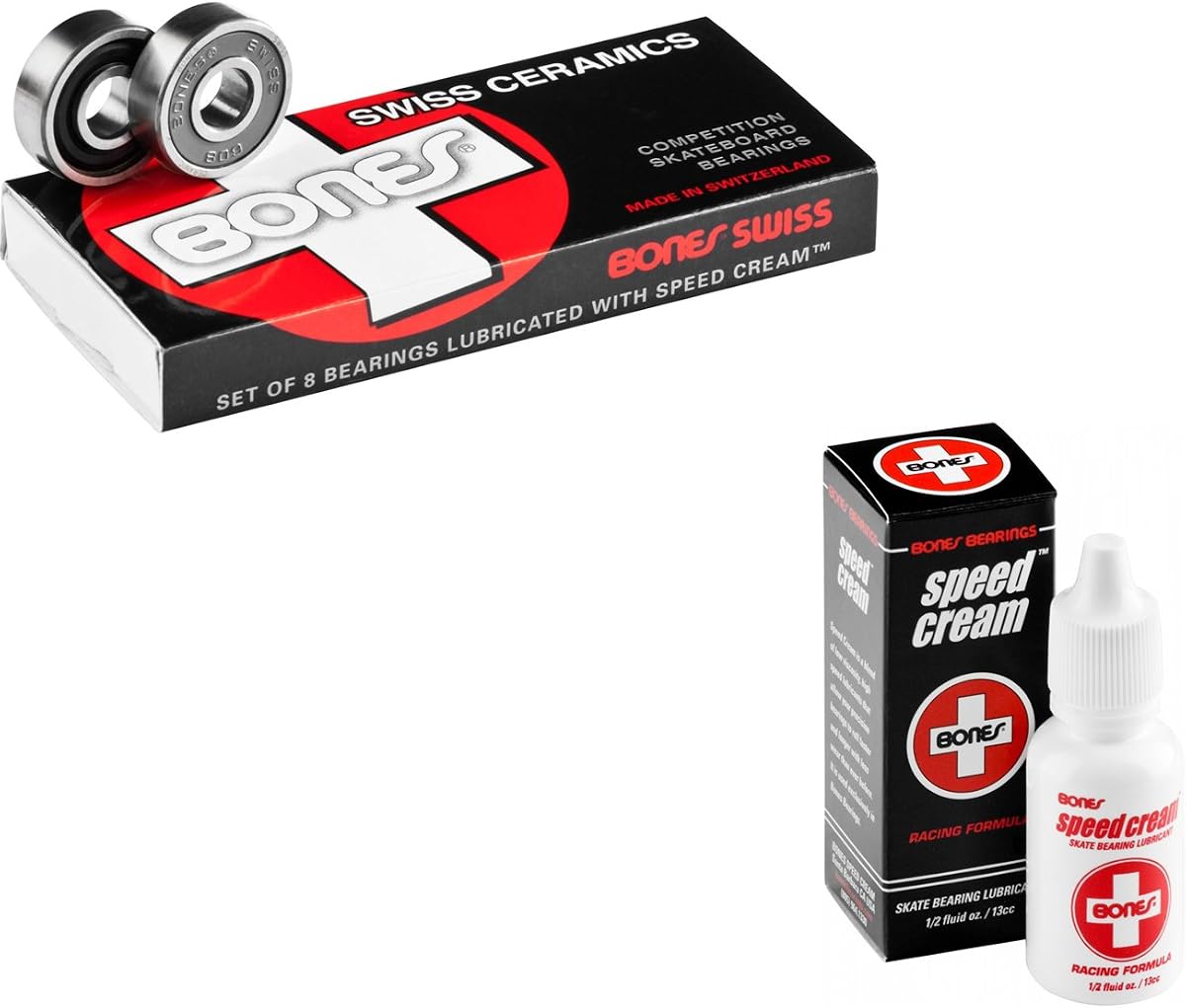 Bones Swiss - Rodamientos de cerámica para monopatín, paquete de 8 con lubricante Speed Cream
