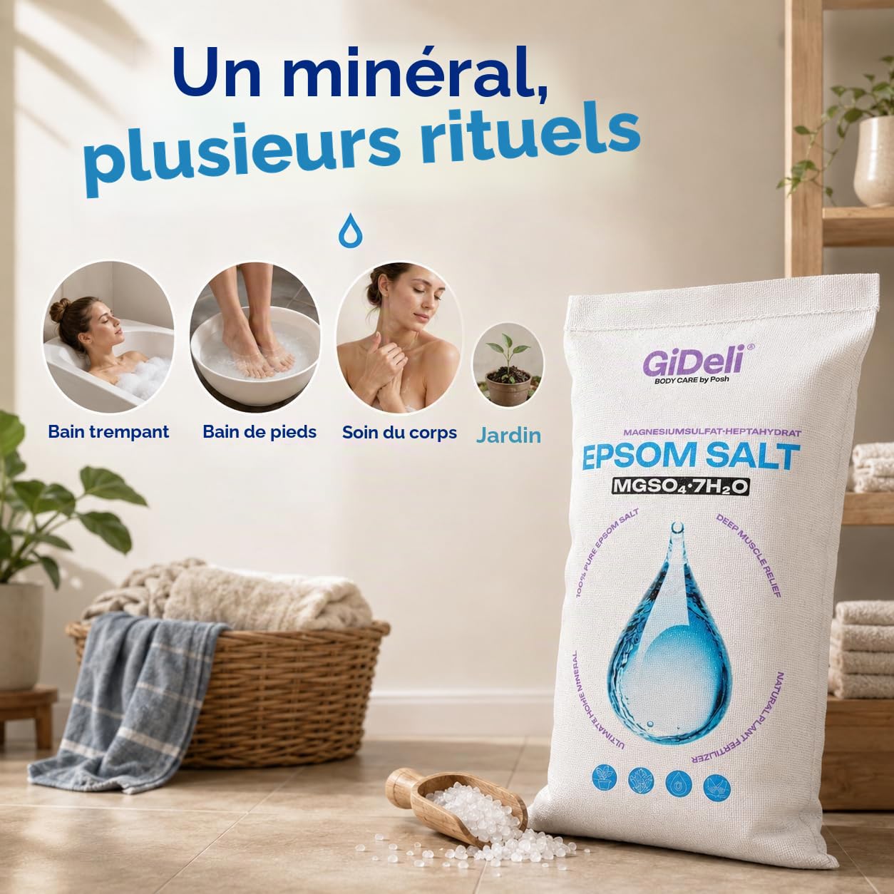 GiDeli Epsom Sel de bain Sel d'Epsom Sel d'Epsom Sel de magnésium pur heptahydraté Qualité pharmaceutique (25 kg)