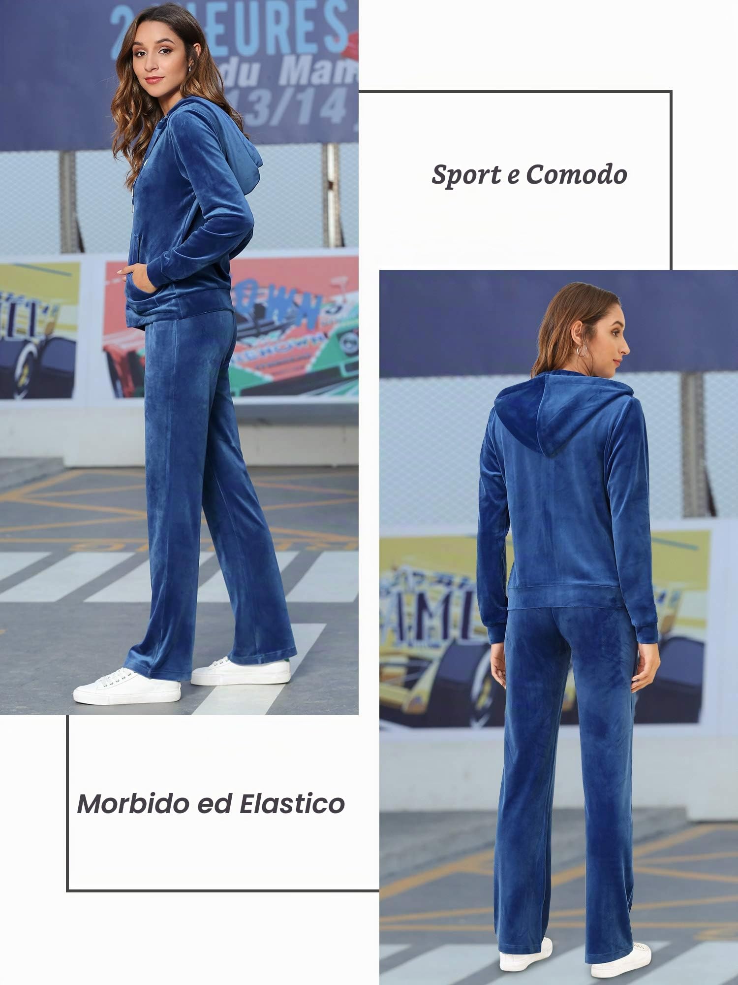MessBebe - Tuta da donna in velluto, con cappuccio, a maniche lunghe, stile casual, completo in 2 pezzi