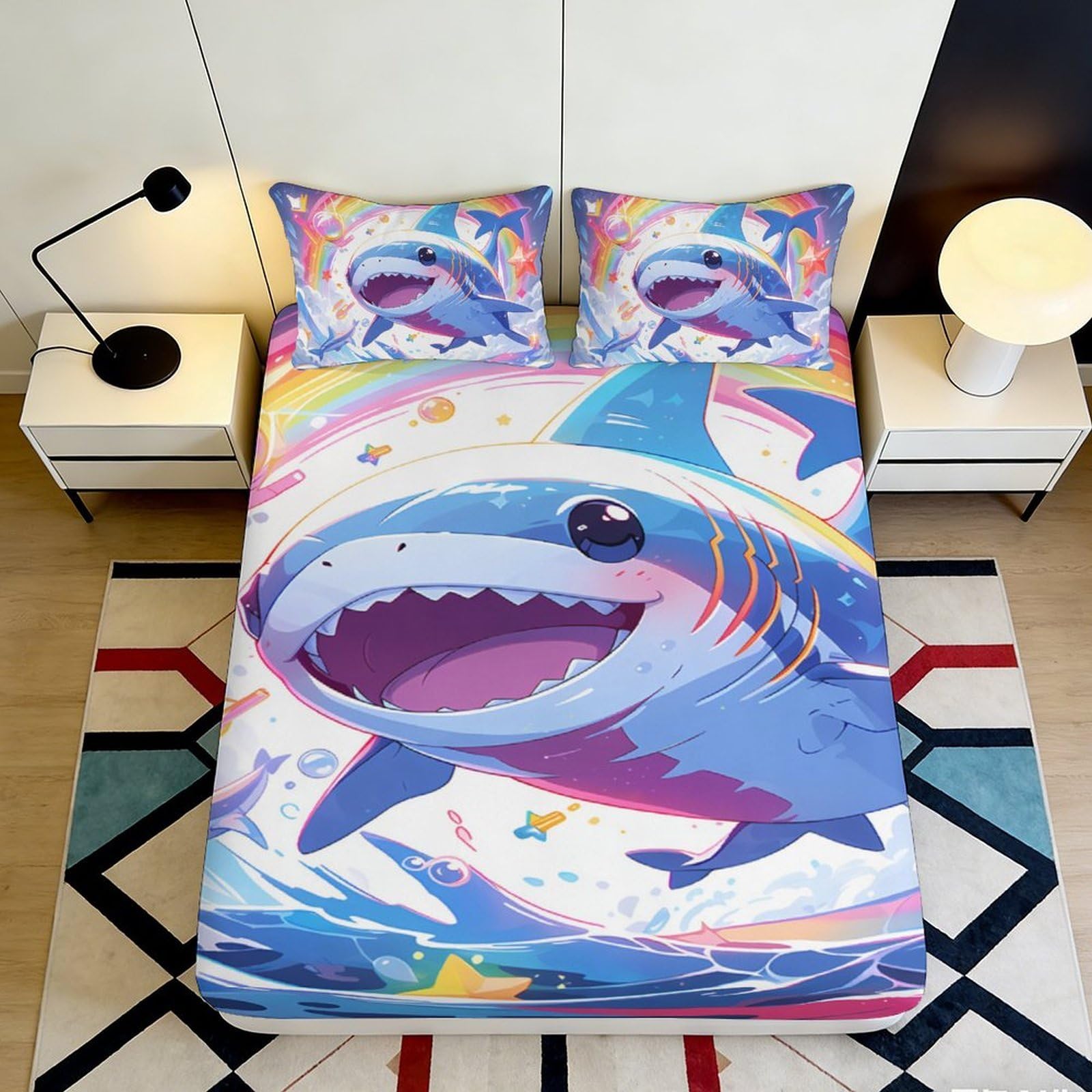 3D Printed Colorful Cartoon Shark Fitted Sheet Microfiber Soft Durable Ocean Pattern Bed Cover for Bedroom Dormitory Guest Room Mattress Protection 120x200x25cm