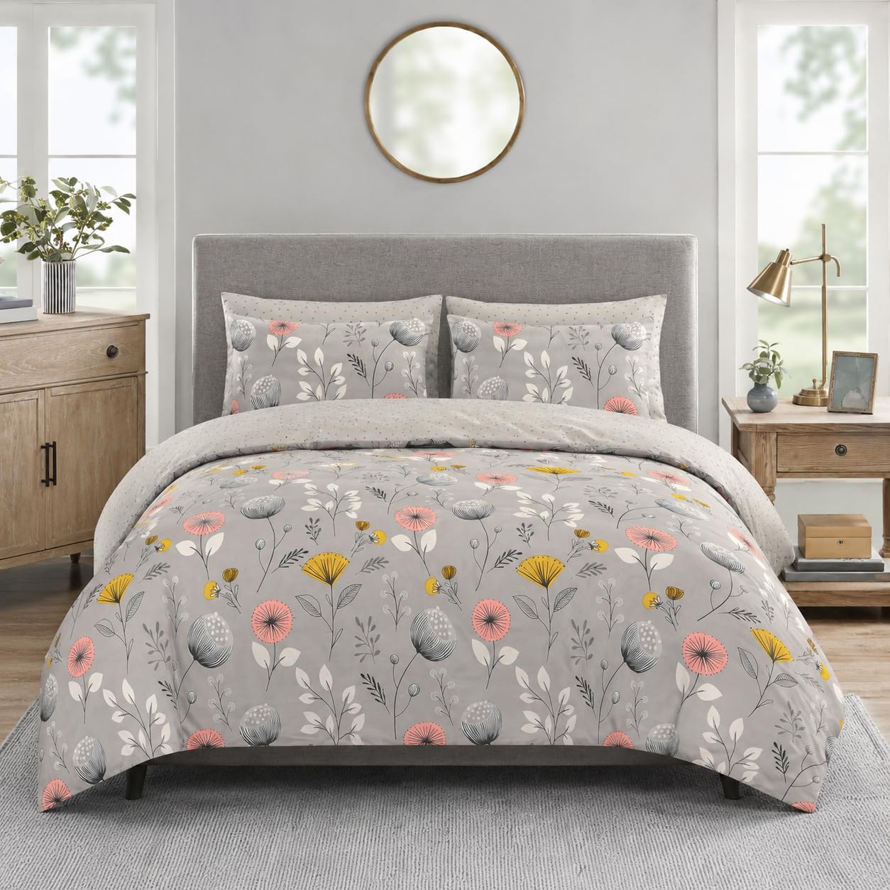 MK Home Textile King Size Duvet Cover Sets Premium Printed Reversible Floral Design Soft Brushed Microfibre Bedding Sets King Size with Pillowcases Easy Care Machine Washable (King, Silver Floral)