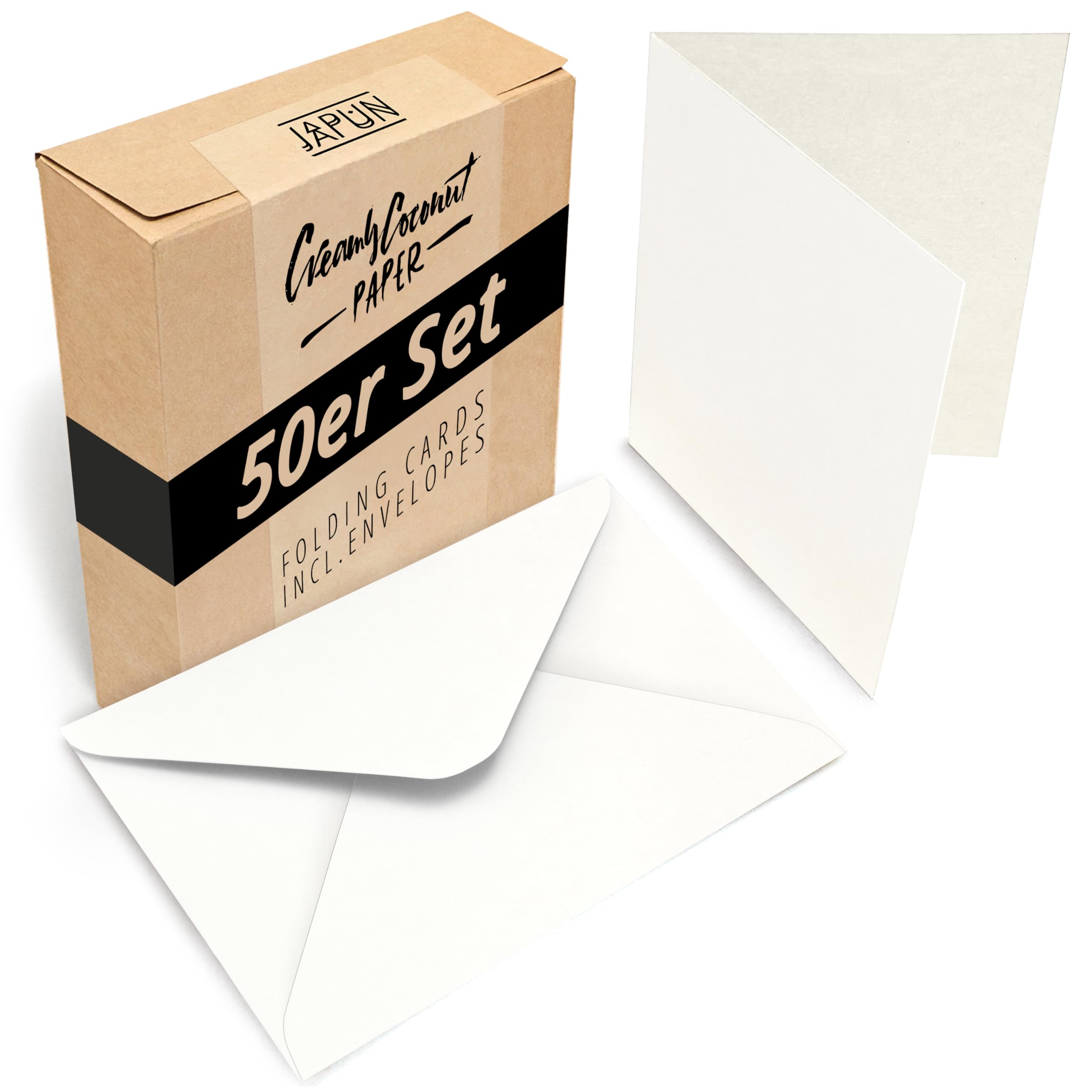 Japun - Juego de 50 tarjetas plegables en blanco que incluye sobres, cartas plegables para diseñar, etiquetar o imprimir - DIN A6 / C6 - blanco