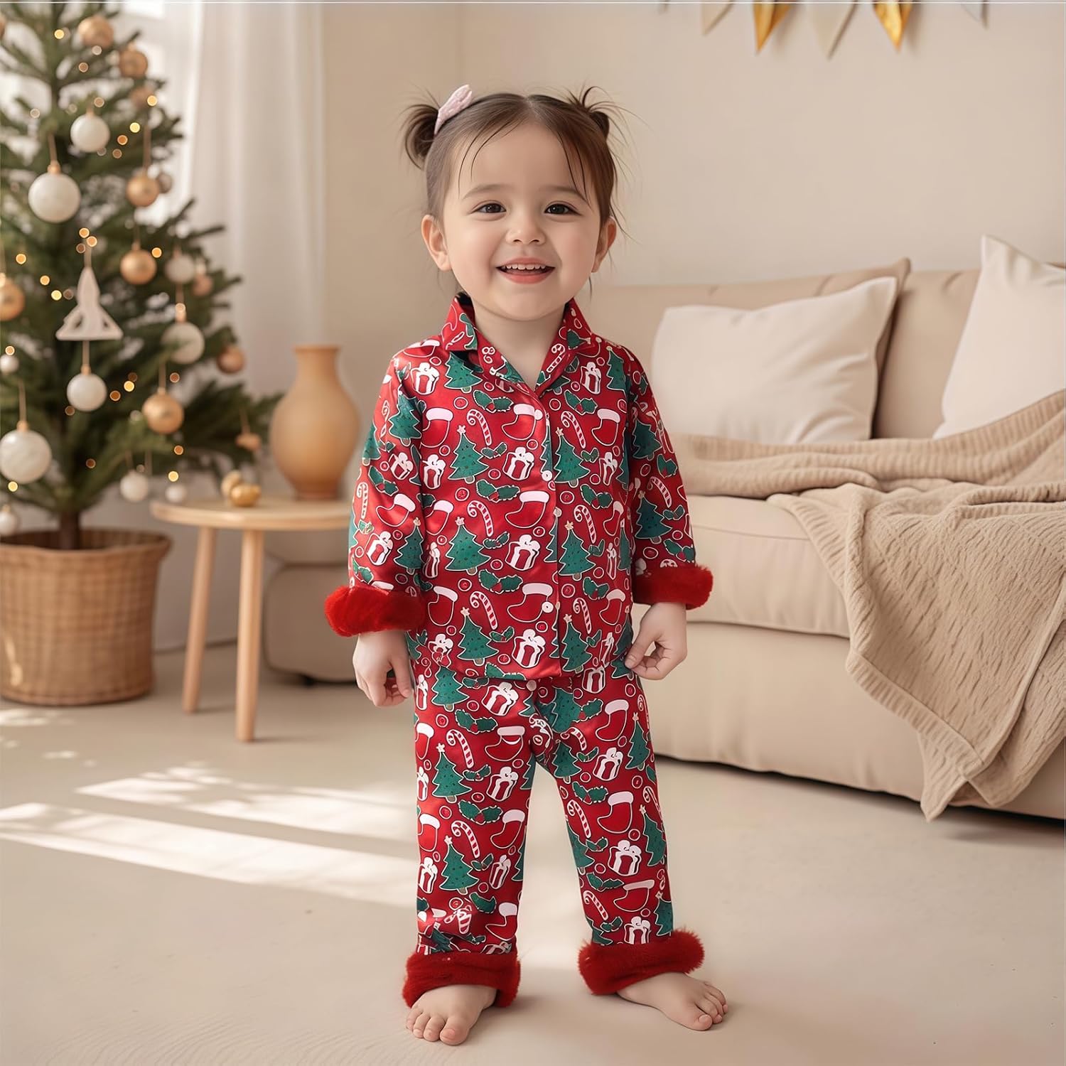 Springcmy Toddler Baby Girl Christmas Pajama Sets Button Down Lapel Silk Shirt Elastic Pants 2Pcs Xmas Sleepwear Loungewear - Image 6