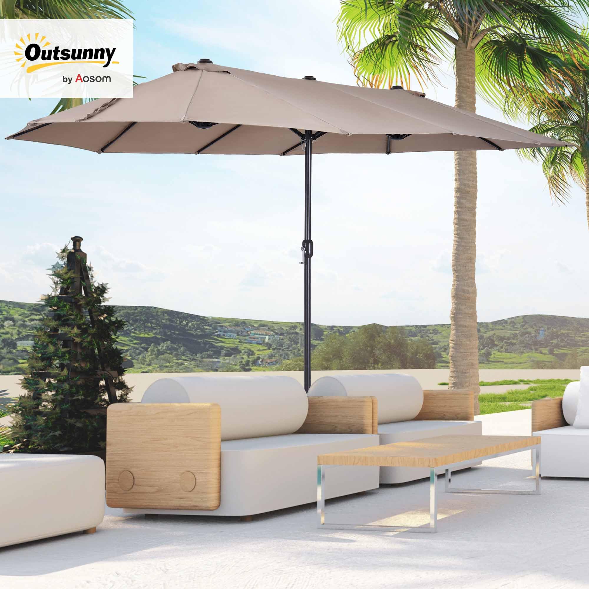 Outsunny Parasol de jardin exterieur parasol double rectangulaire 4,6L x 2,7l x 2,4H m avec ouverture fermeture manivelle, cadre en acier, toile 180 g/m², parasol pour balcon, piscine, marron