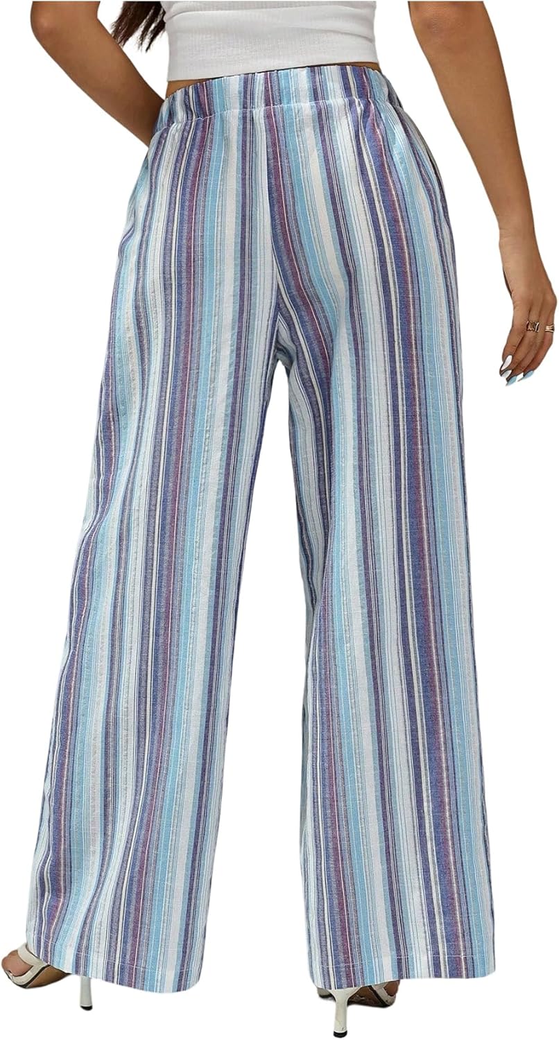 SweatyRocks Women's Striped Drawstring Pants Loose Wide Leg Trousers Casual Comfy Pants with Pocket - Image 2