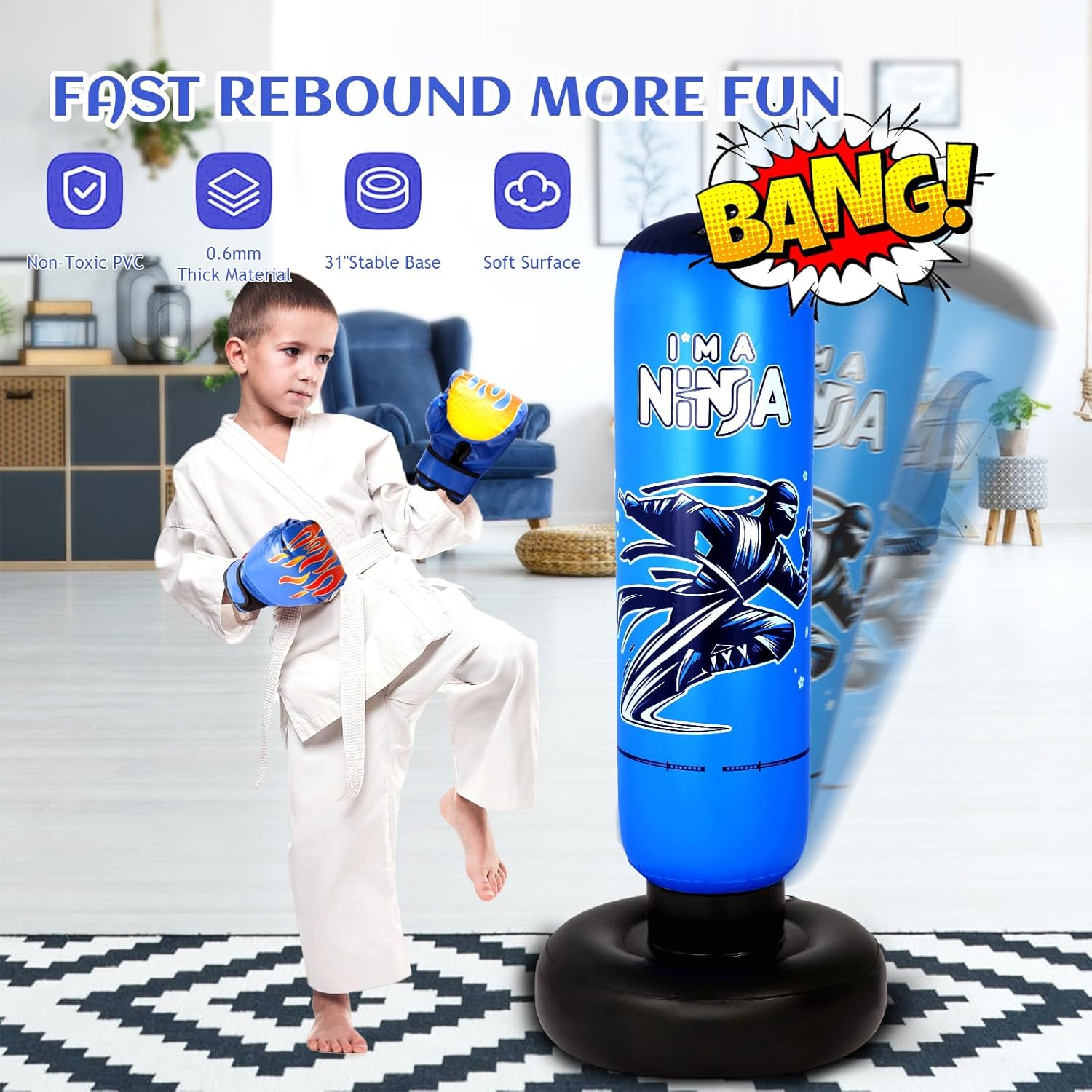 Onirii Kids Punching Bag Toy with Boxing Gloves,66 Inch Larger Stable Updated 4-in-1 Ninja Kids Inflatable Boxing Bag Set,Gifts for Boys & Girls Age 5-12 for Taekwondo,MMA and Practicing Karate