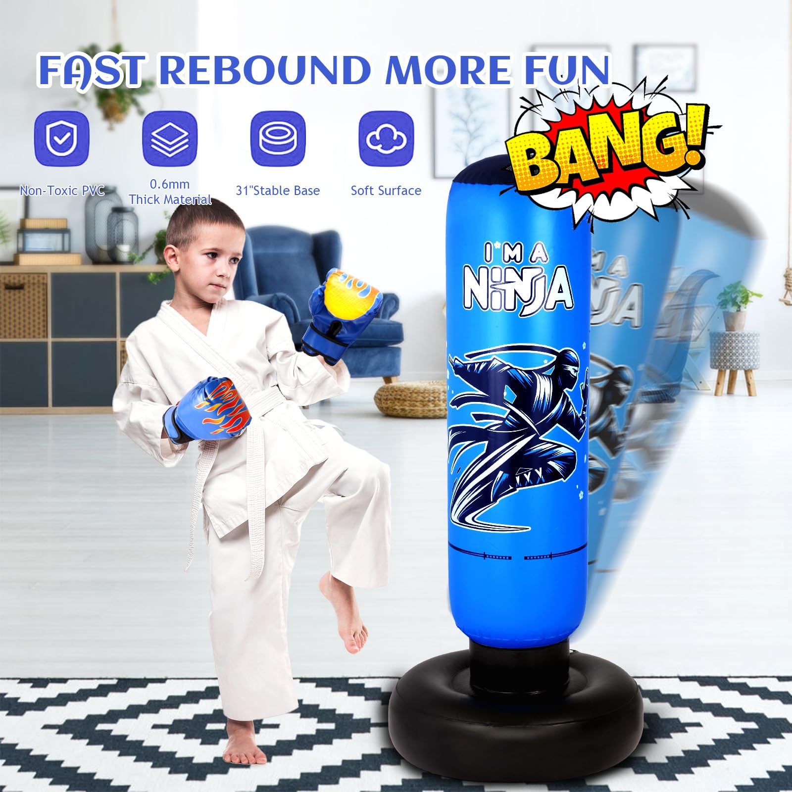 Icelus Boxsack für Kinder,Kinder Boxset mit Boxhandschuhen,168cm großer aufblasbarer Boxsack,Geschenk für Jungen & Mädchen im Alter von 5-12 Jahren zum Üben von Karate und Taekwondo