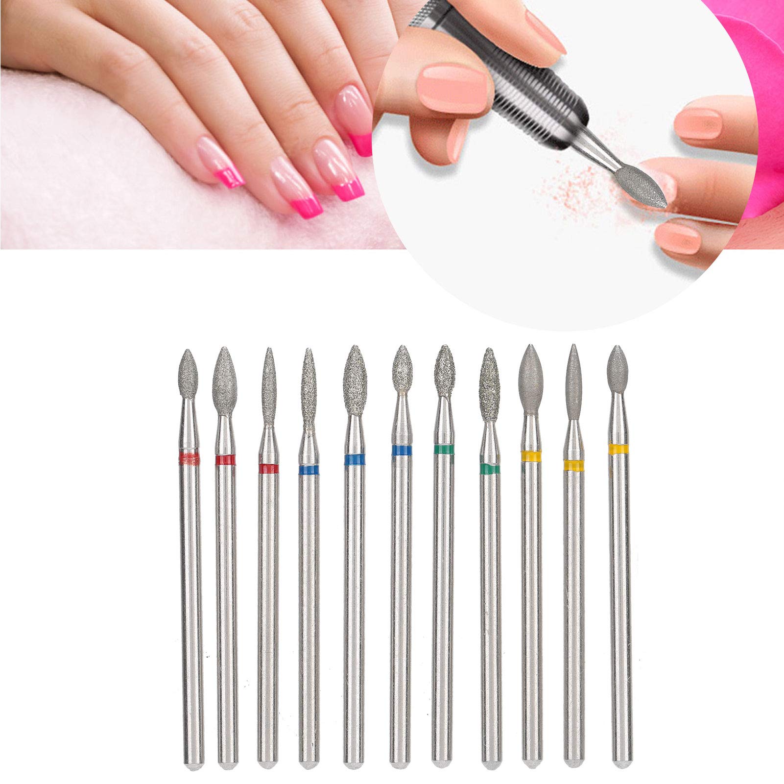 11 sztuk spiczastych wierteł do paznokci, zestaw diamentowych wierteł do manicure, profesjonalne końcówki frezerki do paznokci do manicure, pedicure, salonu domowego
