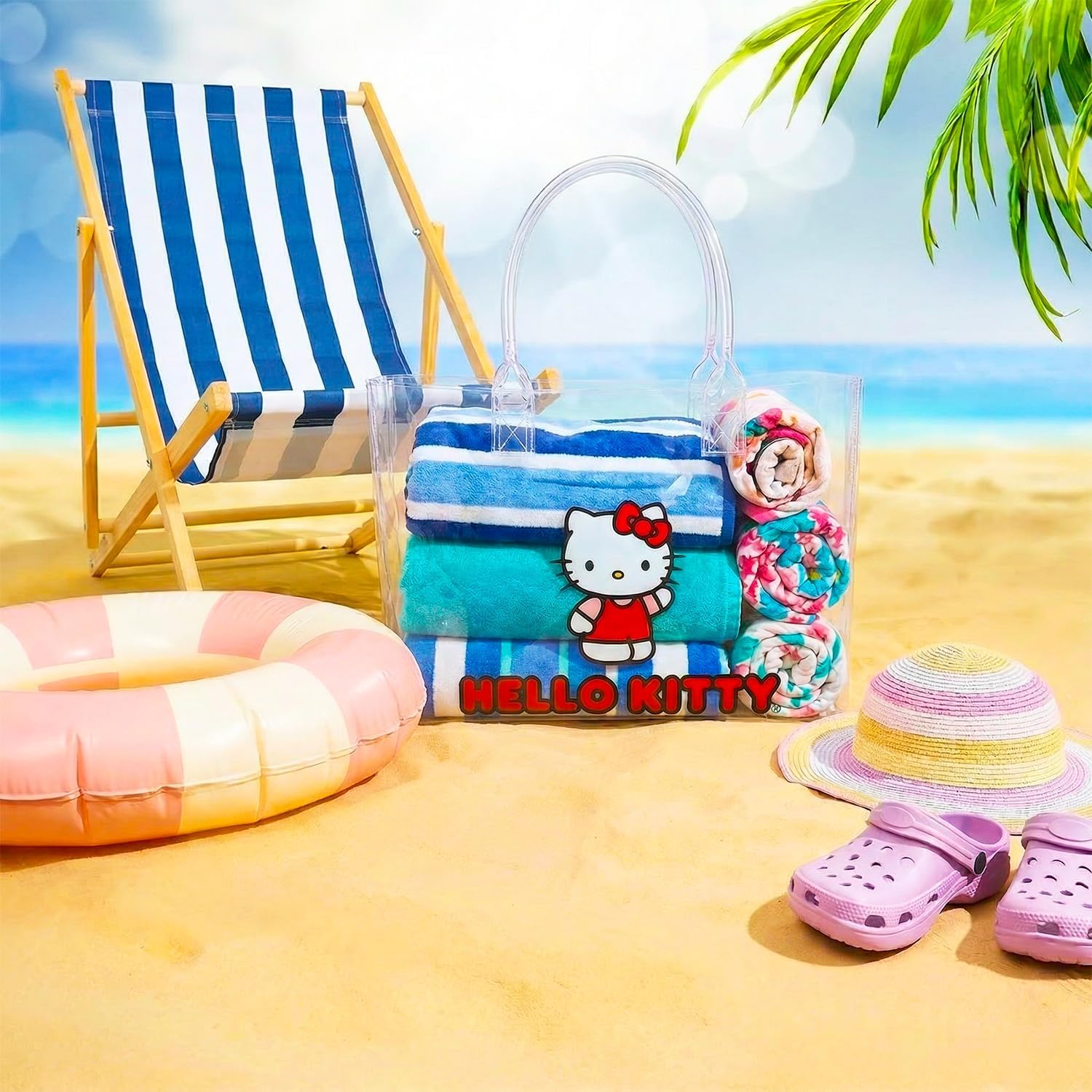 Hello Kitty Transparent Tote Bag - Bundle with Large Sanrio Purse for Beach, Groceries, Plus Stickers, More | Hello Kitty Oversized Shoulder Bag for Women