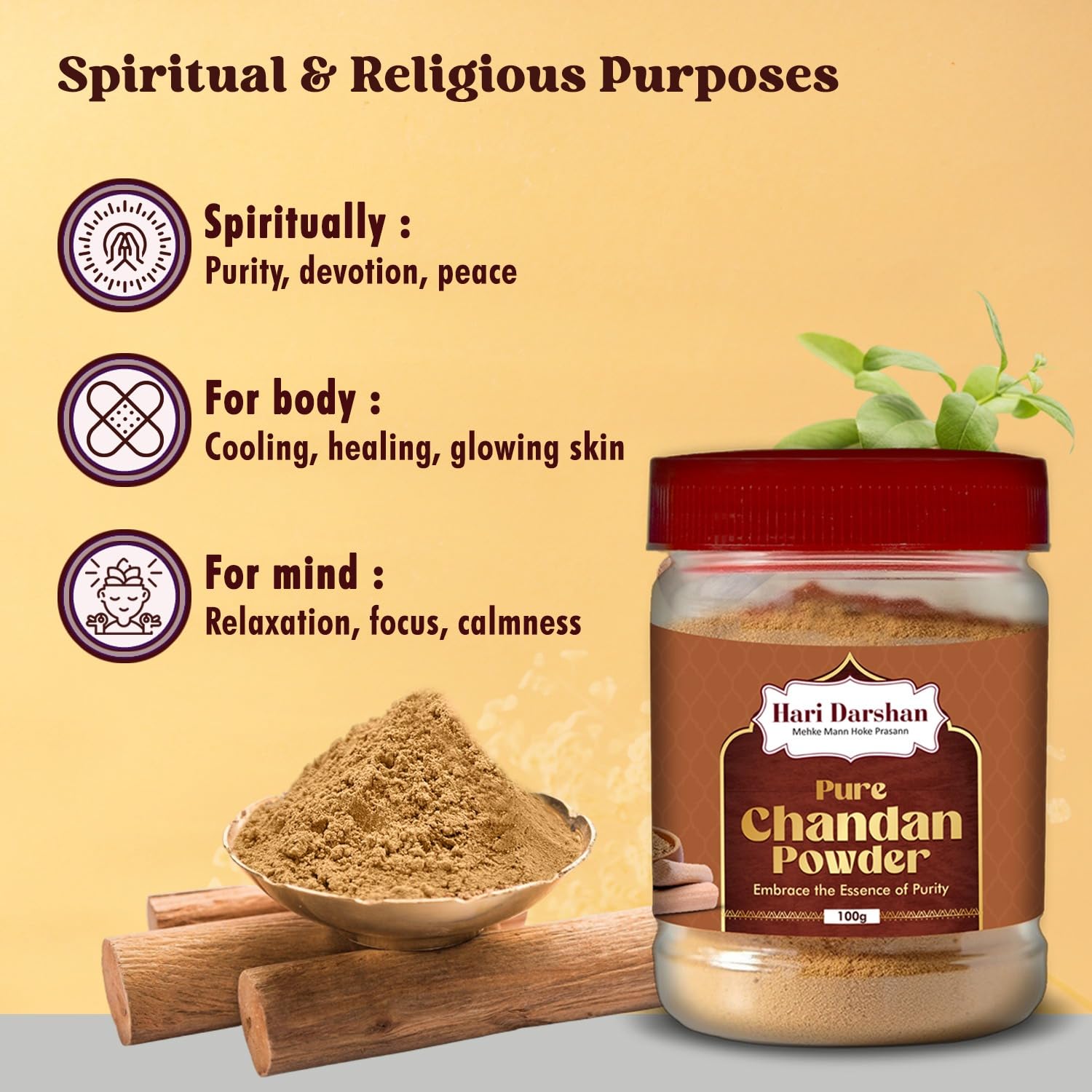 Hari Darshan Pure Chandan Powder (Sandalwood Powder) - 100g | Spiritual & Religious Use, Tilak, Meditation, Puja, Havan - Cooling, Aura Purifying, Divine Connection 4