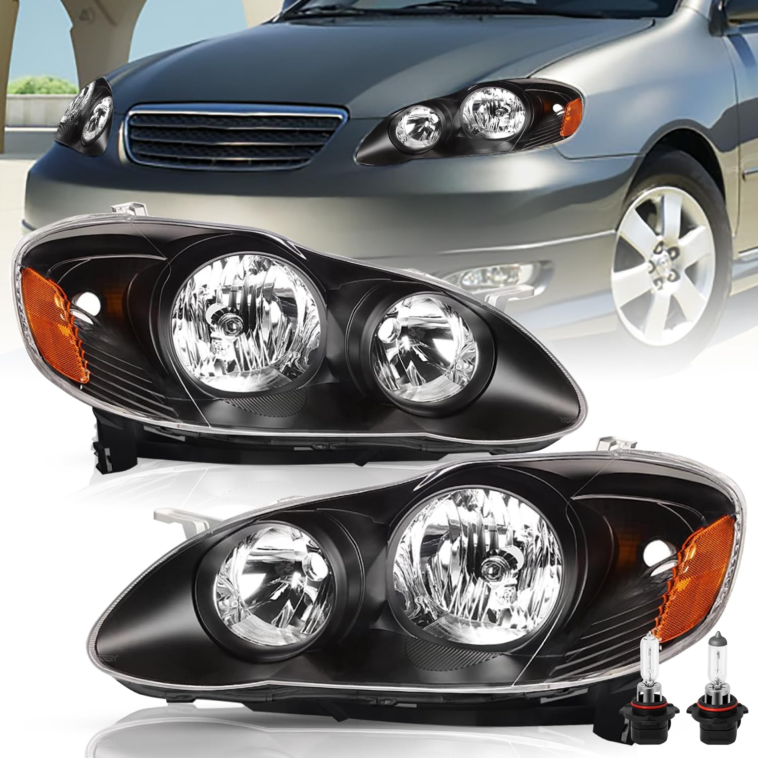 Headlight Assembly Replacement for Toyota Corolla 2003 2004 2005 2006 2007 2008 Headlamps Replacement Passenger and Driver Side, Black Housing with Amber Reflector (Bulbs Included)
