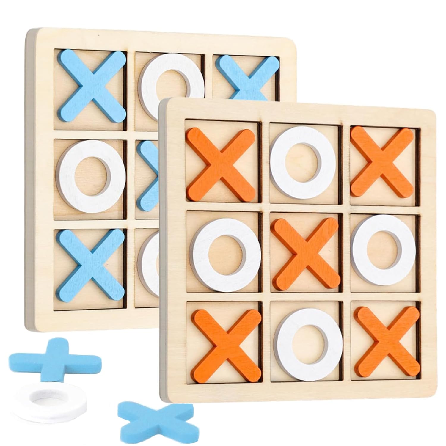 2 Pcs Noughts and Crosses Game,Funny Wooden Tic Tac Toe Game,Portable Travel Size Classic XO Chess Board Game for Kids Adults Indoor Game(Orange and White, Blue and White)