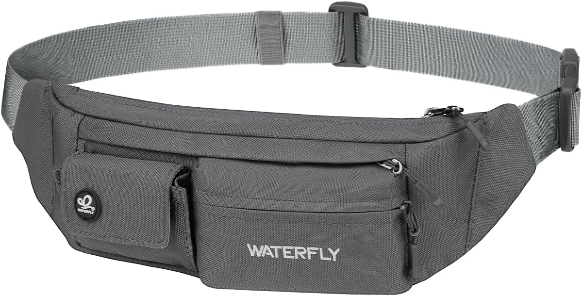 WATERFLY Small Crossbody Fanny Pack: 5 Pocket Slim Lightweight Waist Belt Hip Bag for Women Men Water Resistant Chest Pouch for Travel Hiking Running Walking Fit All Phones - Gray