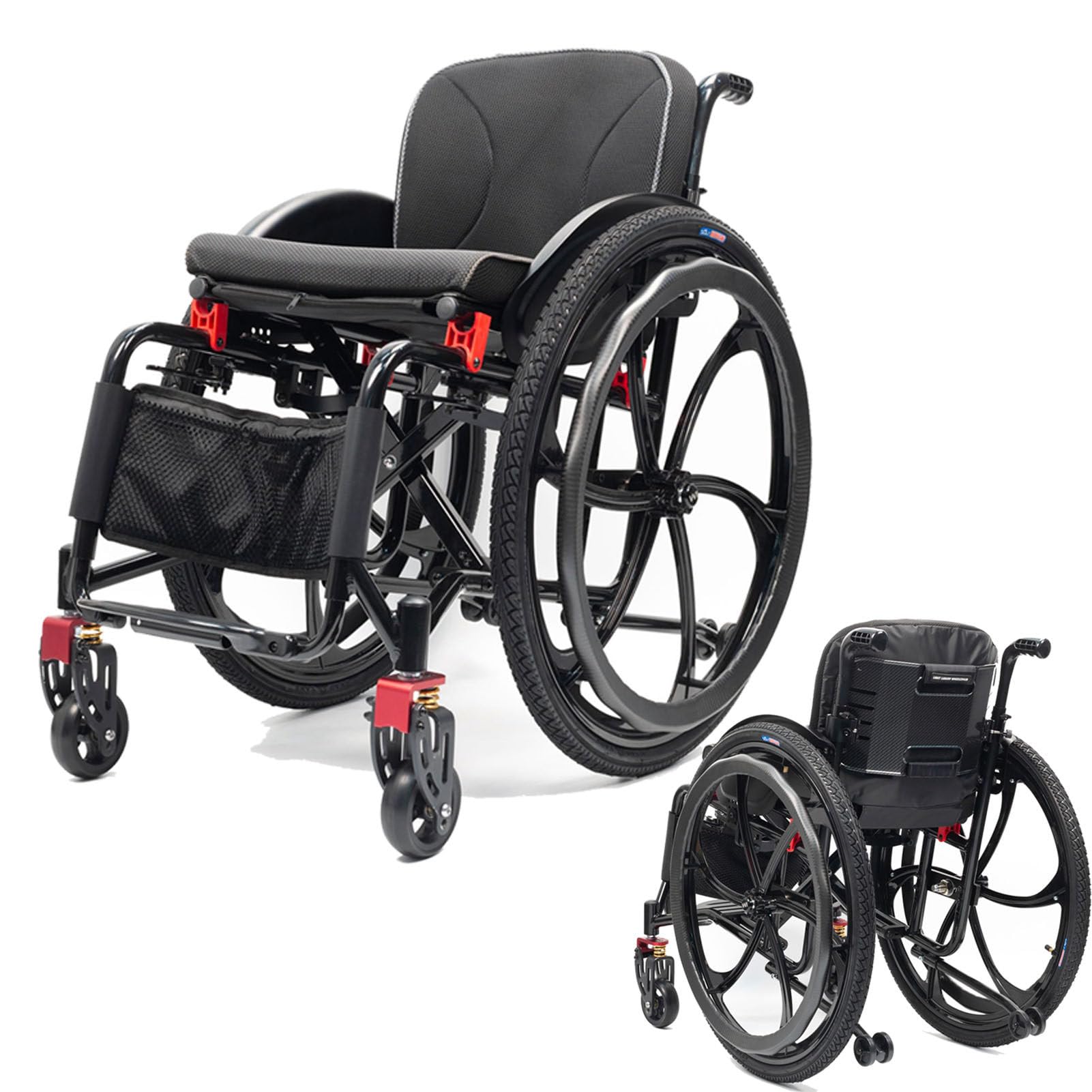 Silla de Ruedas Deportiva Plegable Ultraligera Black-W38cm | Solo pesa 10 kg (22 lb), se pliega de forma compacta, soporta hasta 100 kg para su transporte, silla manual para adultos