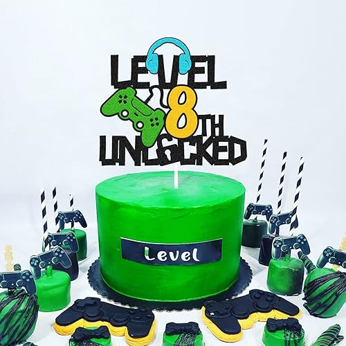 Miniatura 5 de Decoración de pastel desbloqueada de nivel 8, decoración de pastel de feliz cumpleaños 8, controlador de videojuegos, tema de juego, suministros