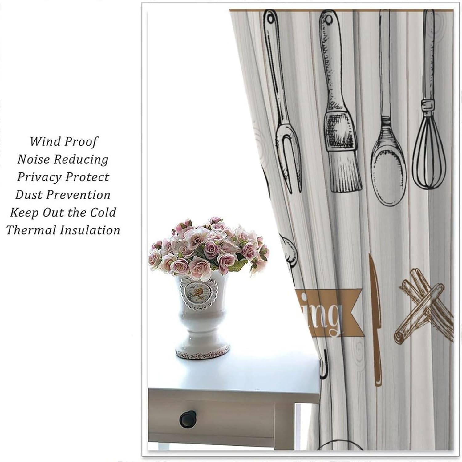 Farmhouse Kitchen Curtains, Rustic Country Fork Spoon Wooden Board Retro Vintage Wood Printed for Living Room Bedroom Window Drapes Set 2 Panels,42x63 Inches