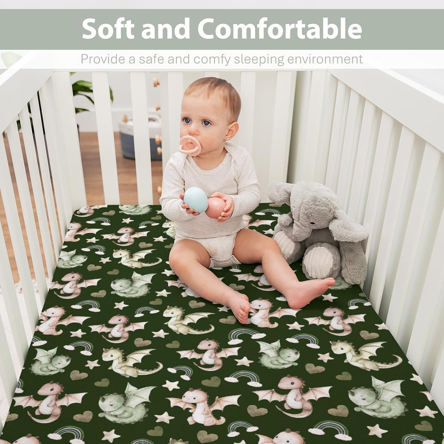 Fairytale Dragon Love Stars Baby Crib Sheets for Boy Girl 52"x28" Dragons Green Soft Snug Fitted Crib Mattress Cover Fantasy Animal Baby Sheet for Standard Crib & Toddler Bed Mattress