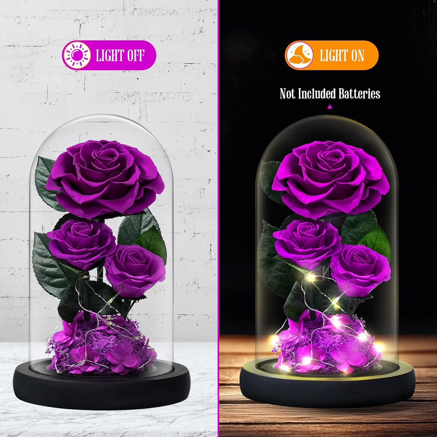 3 Preserved Flowers Roses in Glass Dome with Light for Beauty and The Beast Decor Real Rosas Eternas for Women Mom Birthday,Forever Purple Roses for Delivery, for Wife Girlfriend Her - Image 3