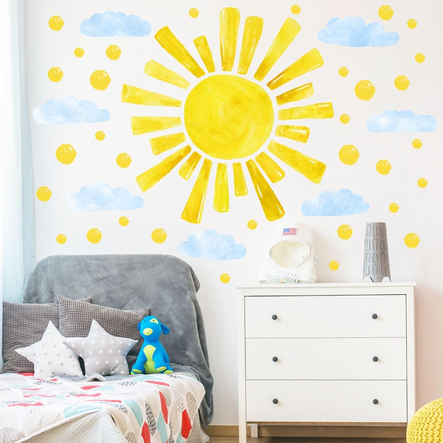 Large Sun Wall Decals Cloud Polka Dots Wall Stickers for Girls Room, 12 Sheets Watercolor Sun Wall Decor Stickers Cute Cloud Wallpaper Delicate Decorations for Kids Room Bedroom