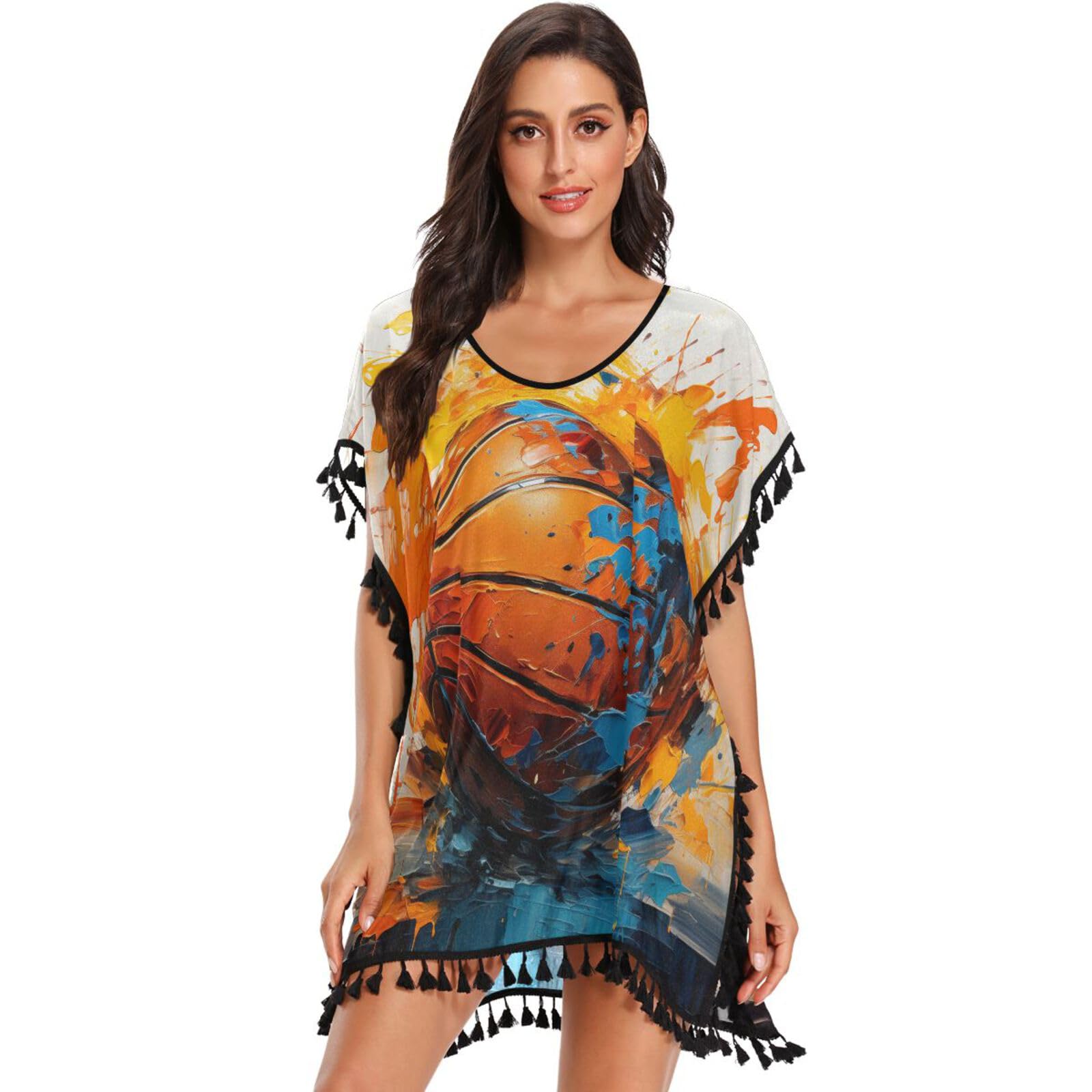Watercolor Basketball Blue Art Women's Beach Cover Up Chiffon Tassel Swimwear Swimsuit Coverups for Girl