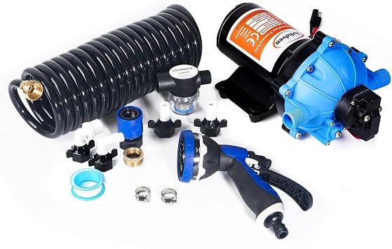 80PSI 7.5 GPM 12V Washdown Deck Wash Pump Kit Self-Priming Marine/RV Water Pump with Pressure Switch & Strainer for Boat, Yacht, Camper, Travel Trailer Freshwater & Saltwater