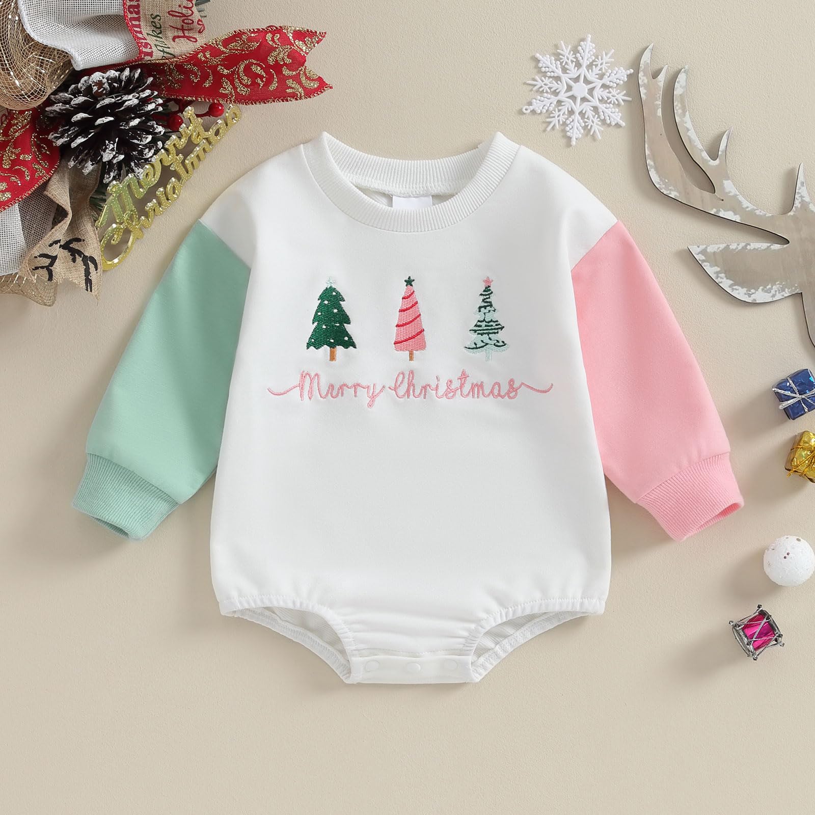 FIOMVA My First Christmas Outfit Baby Girl Romper Newborn Embroidery Christmas Tree Onesie Toddler Fall Clothes (E Embroidery Tree White, 0-3 Months)